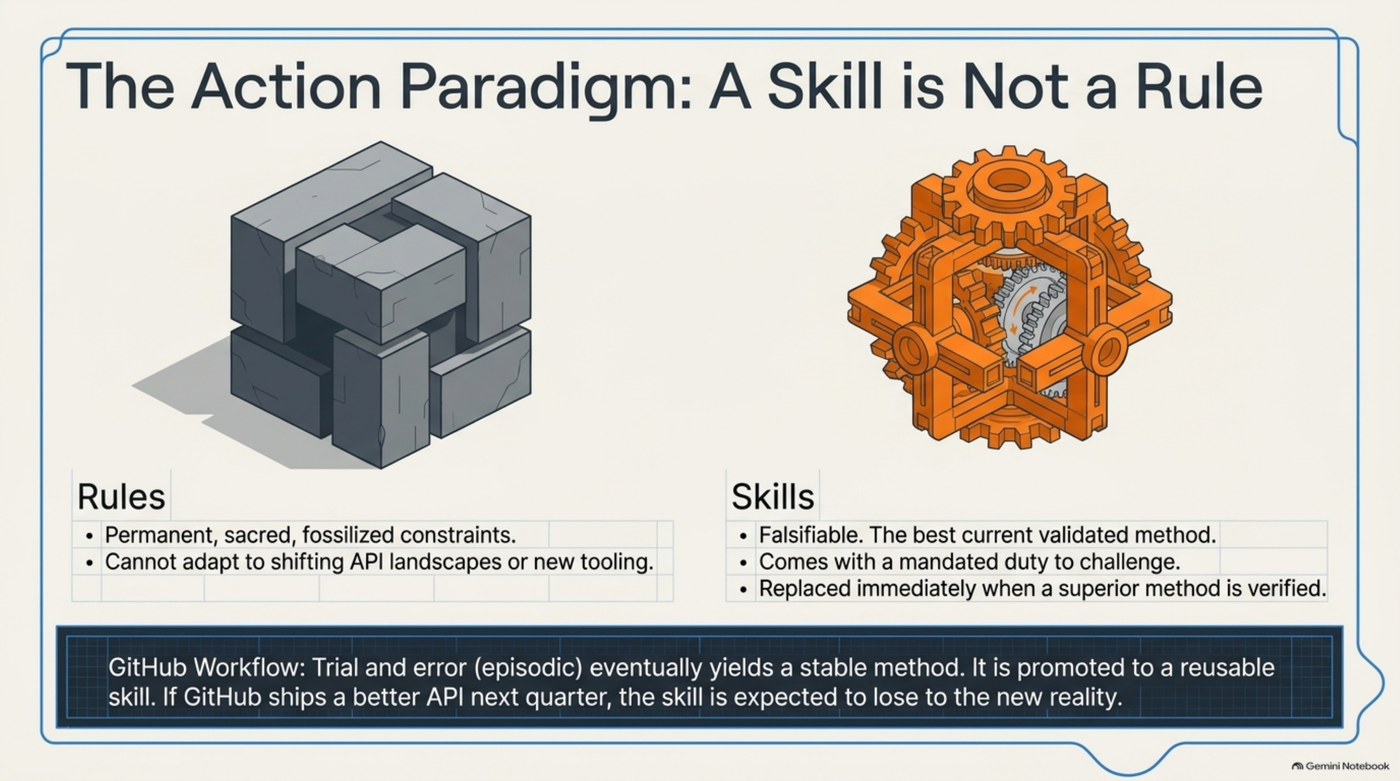 Two contrasting objects: a cracked, monolithic stone block labelled "Rules" — permanent, sacred, fossilized constraints that cannot adapt to shifting tooling — beside an interlocking orange gear assembly labelled "Skills" — falsifiable, the best current validated method, replaced immediately when a superior method is verified. Underneath: "GitHub Workflow: trial and error eventually yields a stable method, promoted to a reusable skill. If GitHub ships a better API next quarter, the skill is expected to lose to the new reality."