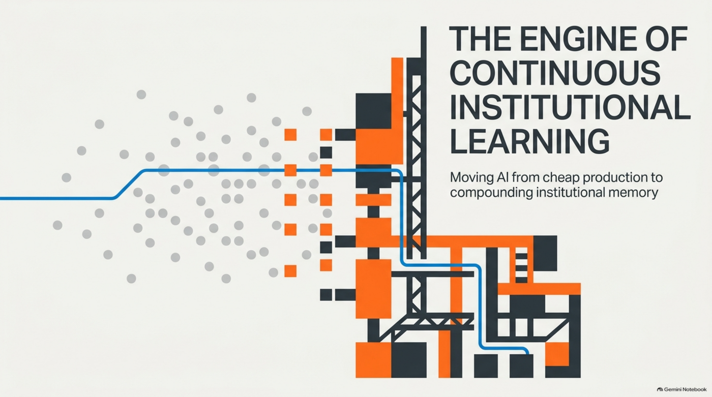 Title card: "The Engine of Continuous Institutional Learning — moving AI from cheap production to compounding institutional memory."