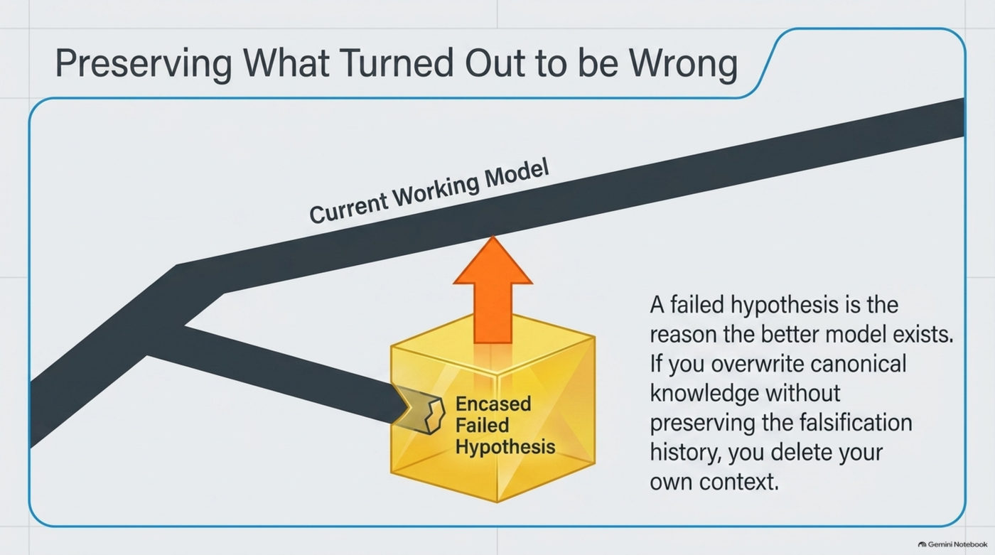 A rising path labelled "Current Working Model," branching off from a boxed, encased object labelled "Encased Failed Hypothesis" — with the note: "A failed hypothesis is the reason the better model exists. If you overwrite canonical knowledge without preserving the falsification history, you delete your own context."