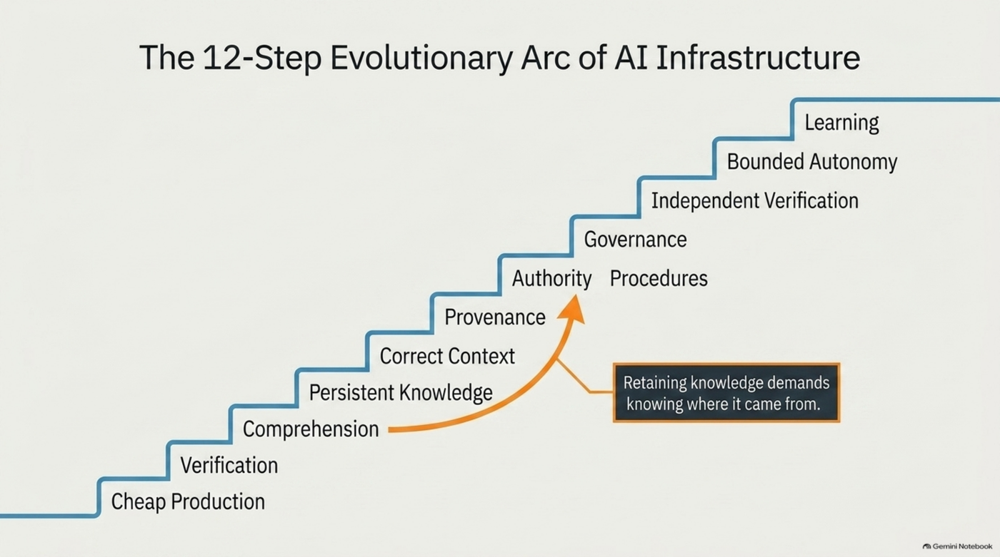 A twelve-step staircase rising left to right: Cheap Production, Verification, Comprehension, Persistent Knowledge, Correct Context, Provenance, Authority, Procedures, Governance, Independent Verification, Bounded Autonomy, Learning — with a callout on Authority reading "Retaining knowledge demands knowing where it came from."