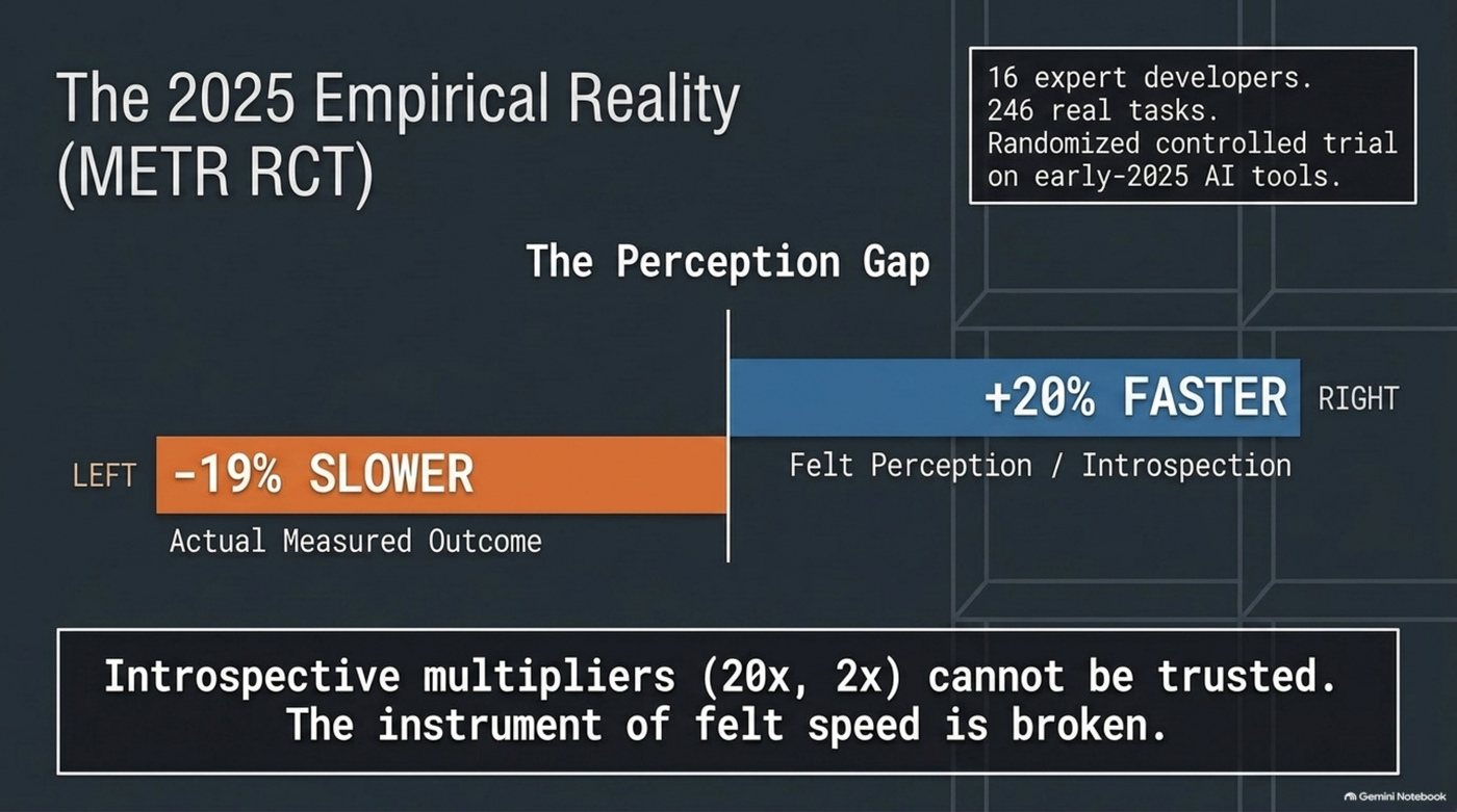 Bar comparison from METR's July 2025 RCT: actual measured outcome was 19% slower with AI assistance, while the same 16 expert developers' felt perception, after the fact, was 20% faster — the perception gap that makes felt speed an unreliable instrument.