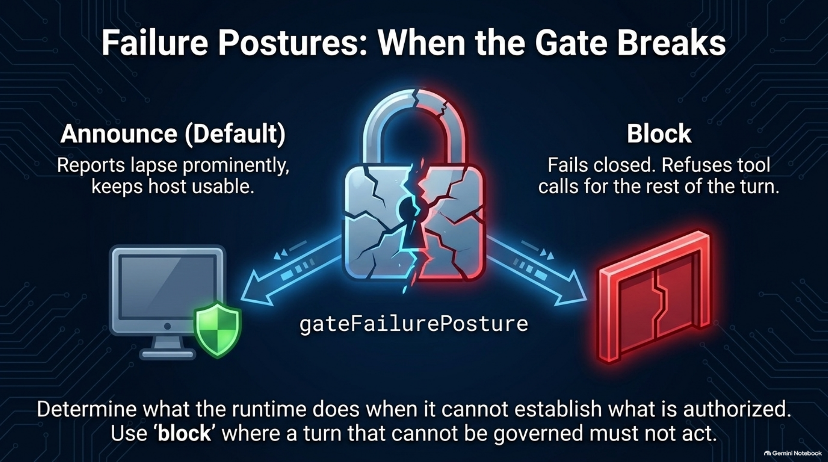 Failure postures: when the gate breaks — a cracked lock branching to "announce" (reports the lapse, keeps the host usable) or "block" (fails closed, refuses tool calls for the rest of the turn)
