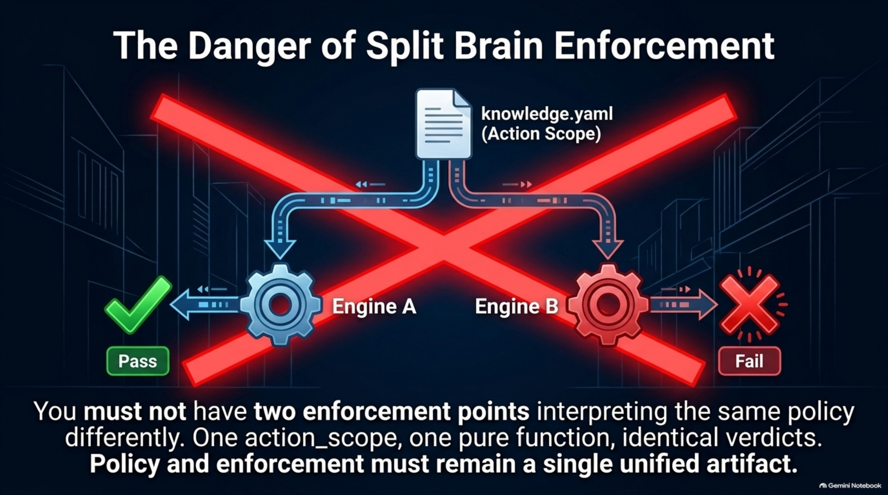 The danger of split-brain enforcement — the same knowledge.yaml action_scope must never feed two engines that disagree, one passing and one failing the same action; policy and enforcement must remain a single unified artifact