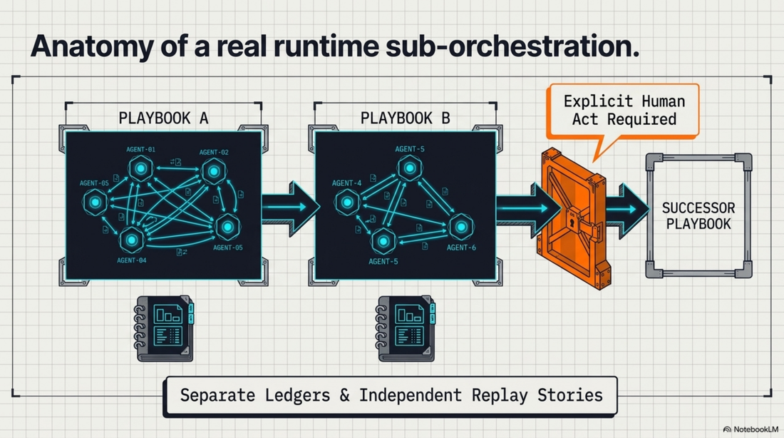 Anatomy of a real runtime sub-orchestration: Playbook A calls Playbook B, each with its own ledger and replay story, gated before an explicit human act starts a successor playbook.