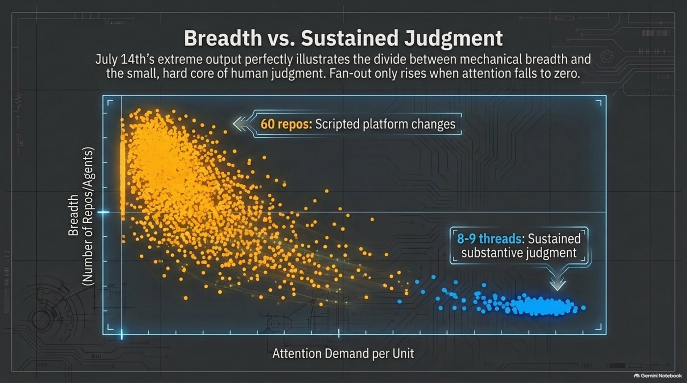 Scatter plot titled "Breadth vs. Sustained Judgment," plotting July 14th's commits by breadth (repos/agents touched) against attention demand per unit. A dense orange cluster sits at near-zero attention demand and labeled "60 repos: Scripted platform changes"; a separate, distinct blue cluster sits at higher attention demand and is labeled "8-9 threads: Sustained substantive judgment" — the same divide the Yegge comparison above turns on: mechanical breadth is not the same measurement as parallel judgment.