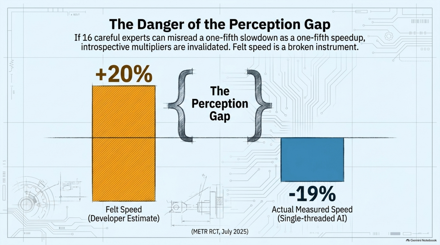 Bar chart titled "The Danger of the Perception Gap," showing the METR RCT's two numbers side by side: felt speed (developer estimate) at +20% faster, and actual measured speed (single-threaded AI) at −19% slower — the two bars sitting on opposite sides of the zero line, captioned that if sixteen careful experts can misread a one-fifth slowdown as a one-fifth speedup, no introspective multiplier deserves trust without a measurement attached.