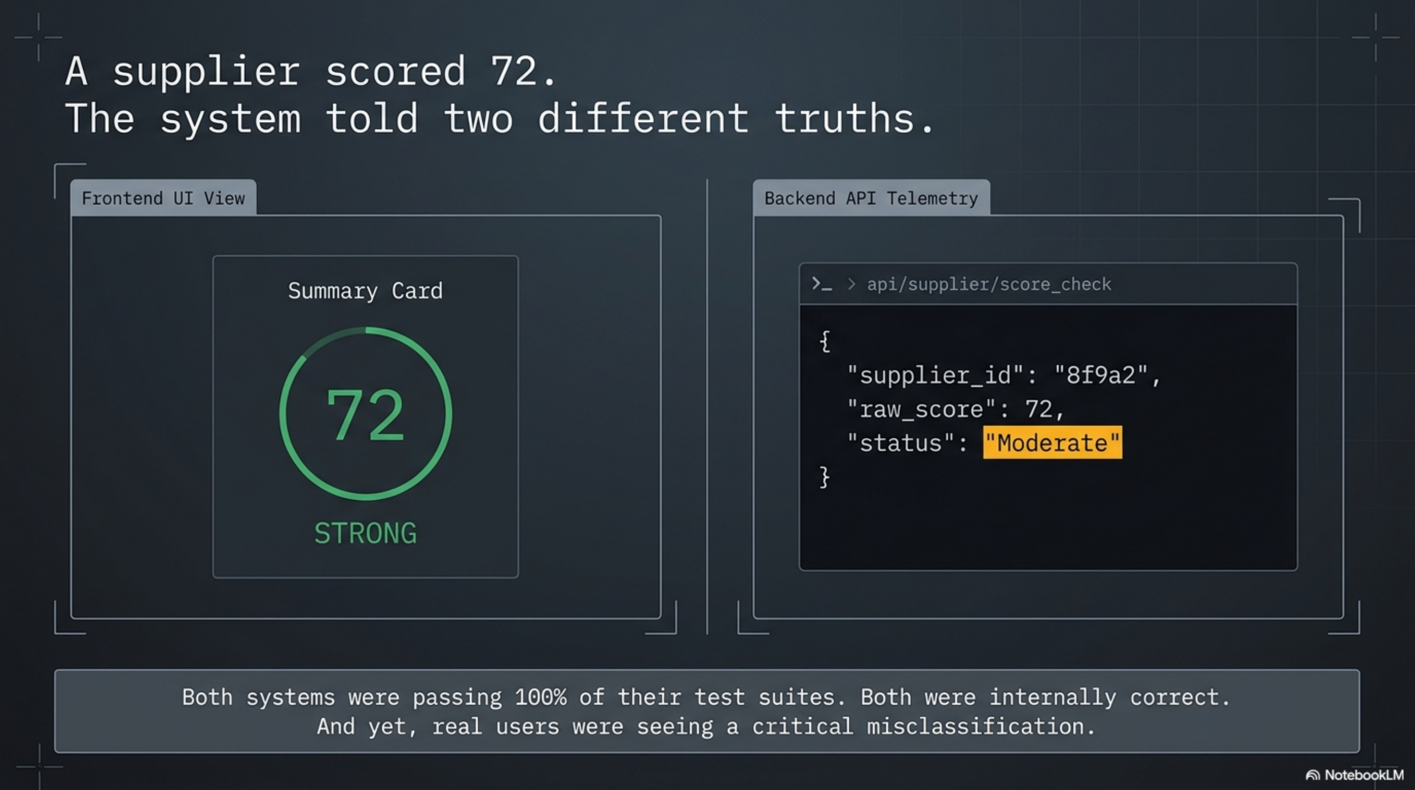 A supplier scored 72. The system told two different truths. — Frontend UI shows score ring with 72 and label "STRONG" in green; Backend API telemetry returns status: "Moderate". Both systems were passing 100% of their test suites. Both were internally correct. And yet, real users were seeing a critical misclassification.