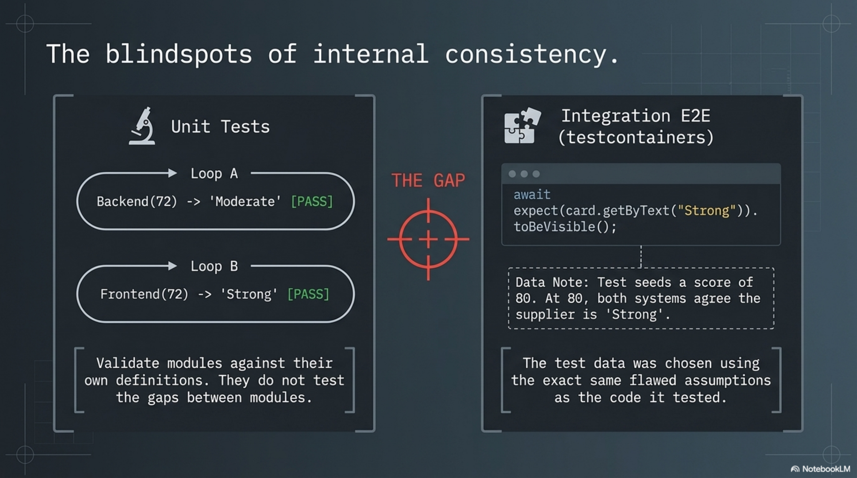 The blindspots of internal consistency — Unit Tests: Loop A (Backend 72 → "Moderate" PASS), Loop B (Frontend 72 → "Strong" PASS). Integration E2E seeds a score of 80 where both systems agree. THE GAP: test data was chosen with the same flawed assumptions as the code it tested.