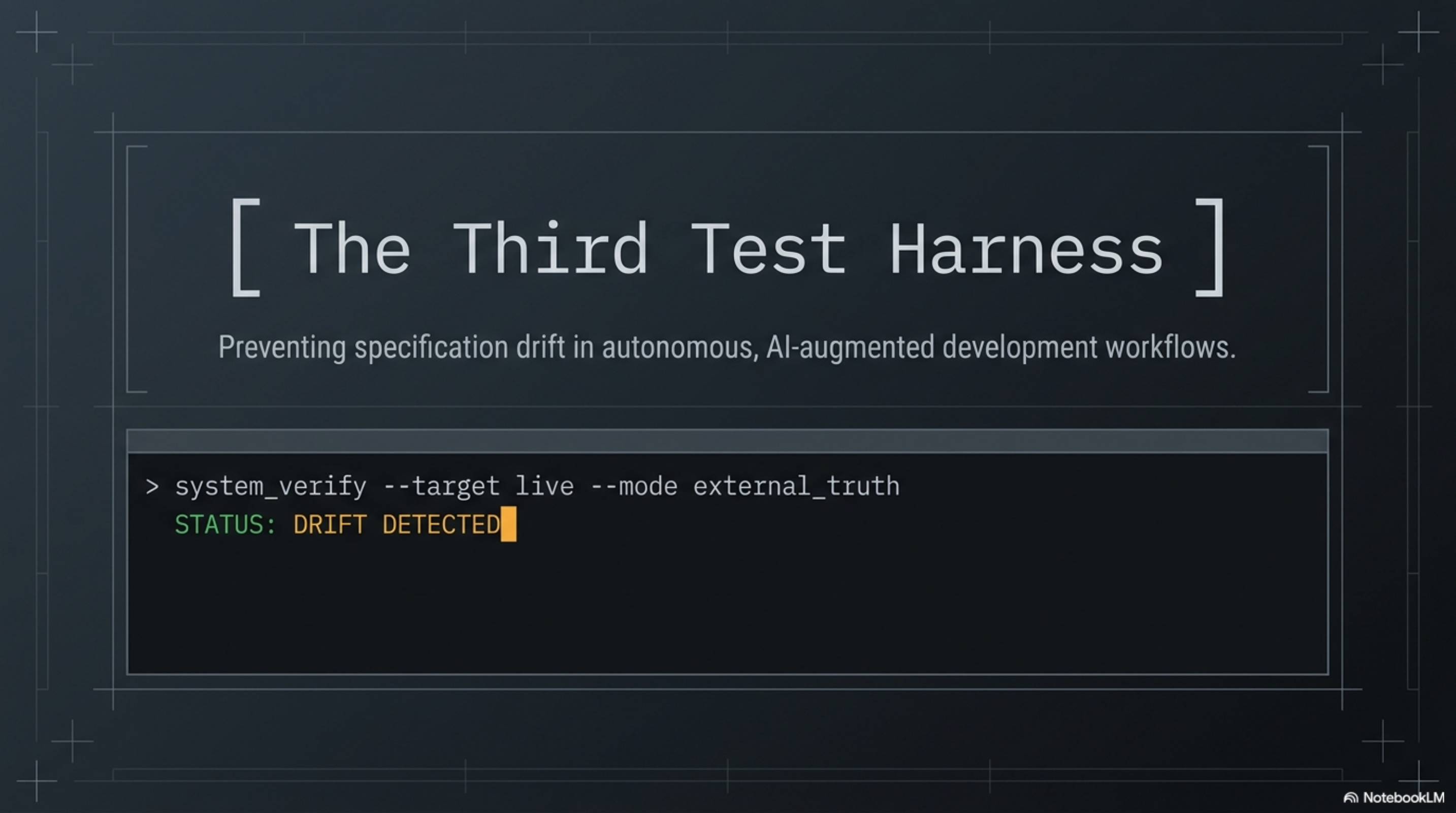 [ The Third Test Harness ] — Preventing specification drift in autonomous, AI-augmented development workflows. Terminal prompt: system_verify --target live --mode external_truth → STATUS: DRIFT DETECTED