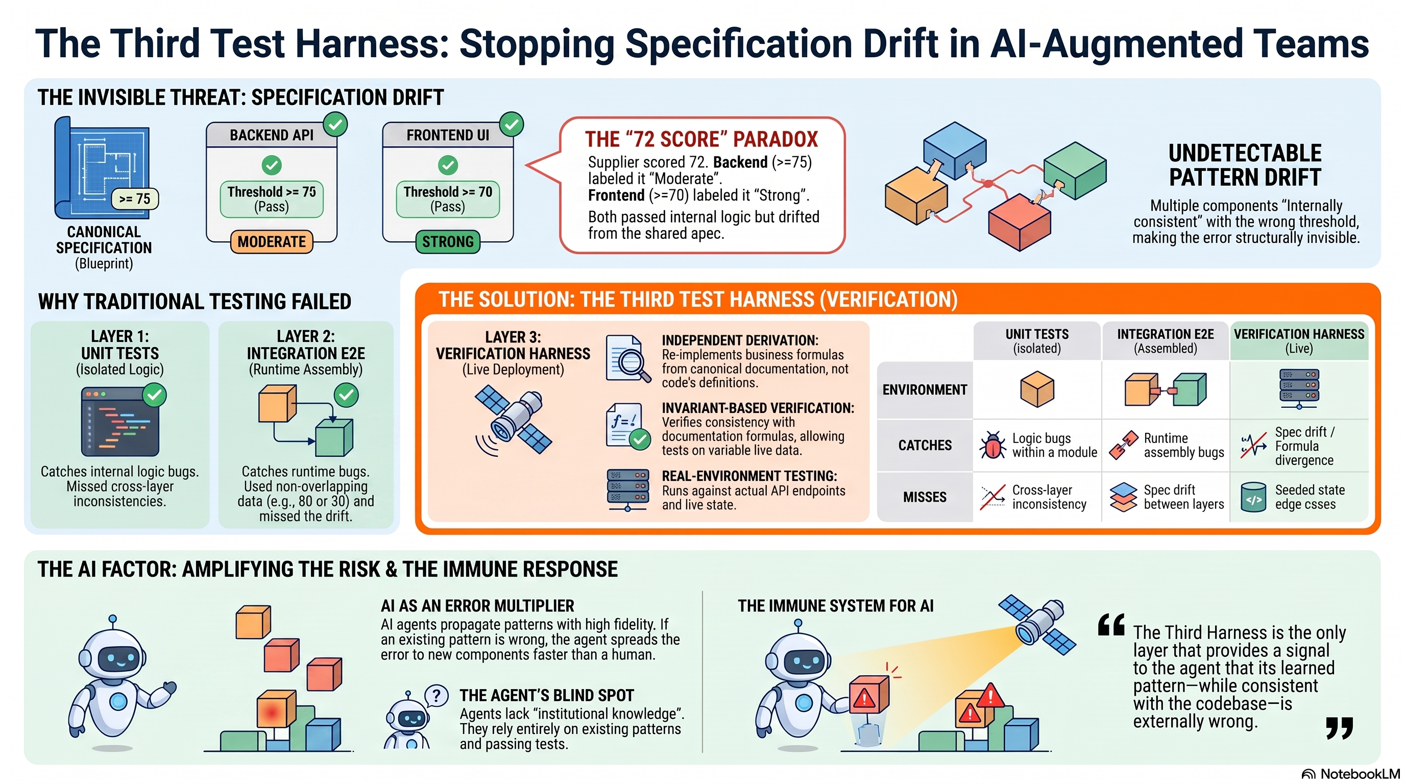 The Third Test Harness: Stopping Specification Drift in AI-Augmented Teams — full infographic showing the 72 Score Paradox, three-layer testing model (unit/integration/verification), why traditional testing failed, the AI factor as error multiplier and agent blind spot, and the immune system for AI