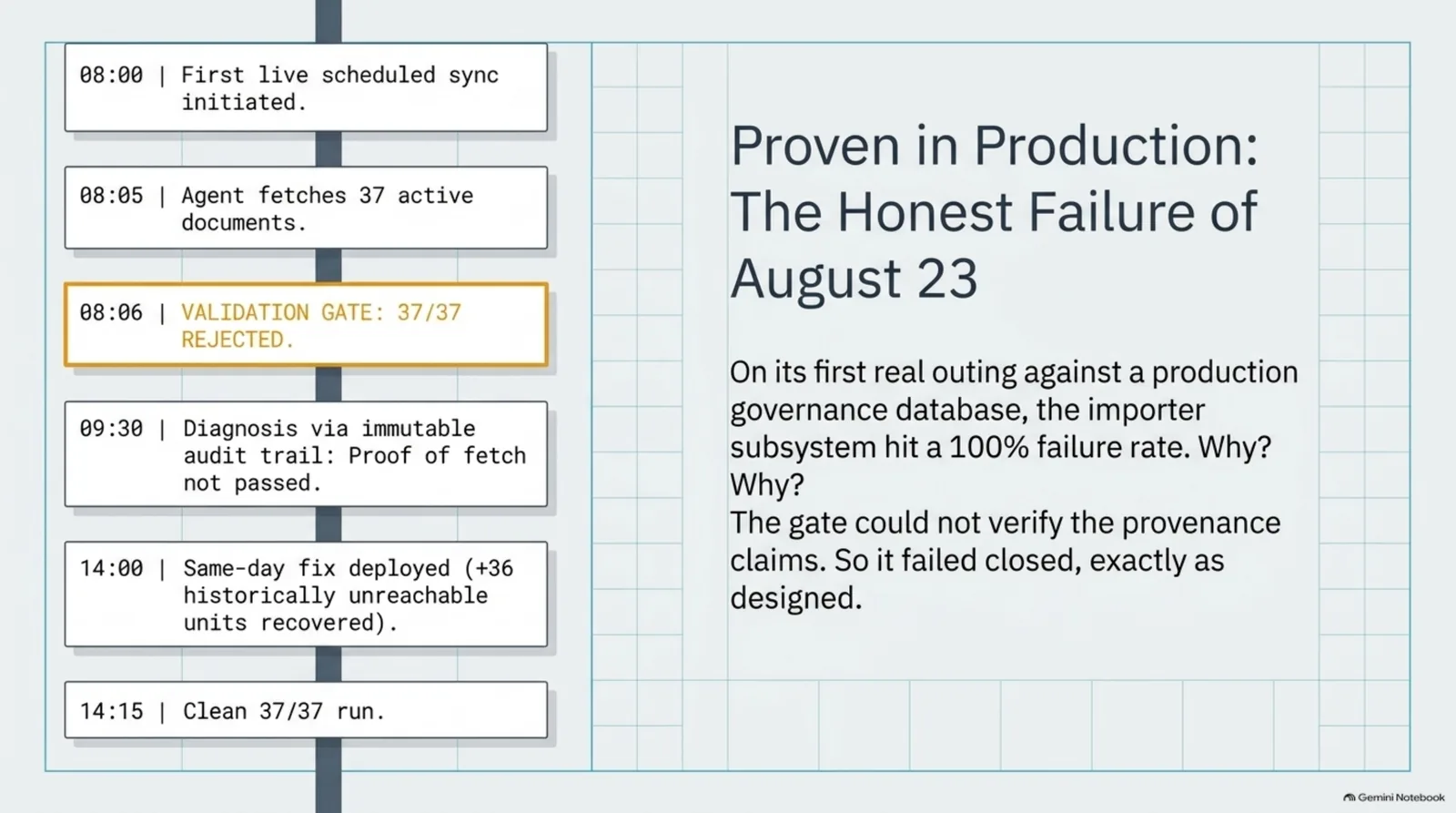Proven in production: the honest failure of August 23 — timeline from 08:00 first live scheduled sync, through 08:06 validation gate rejecting all 37 documents because proof of fetch wasn't passed, to a same-day fix at 14:00 and a clean 37/37 run at 14:15