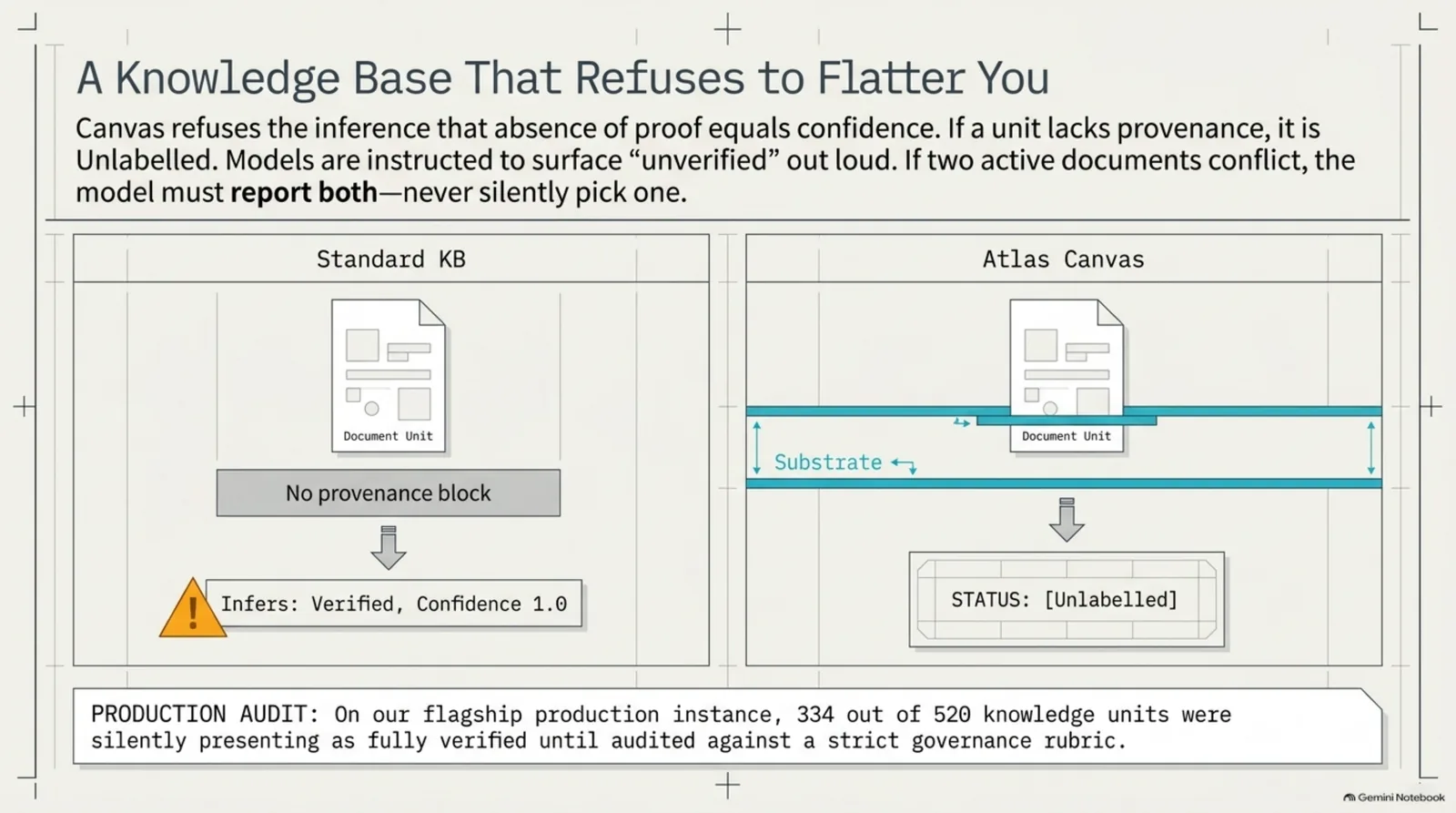 A knowledge base that refuses to flatter you — a standard KB with no provenance block infers verified, confidence 1.0; Atlas Canvas reports the honest STATUS: Unlabelled instead. Production audit: 334 of 520 knowledge units were silently presenting as fully verified until audited against a strict governance rubric