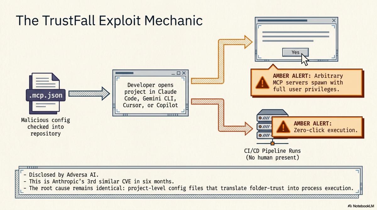 The TrustFall Exploit Mechanic — .mcp.json triggers process spawning on folder trust