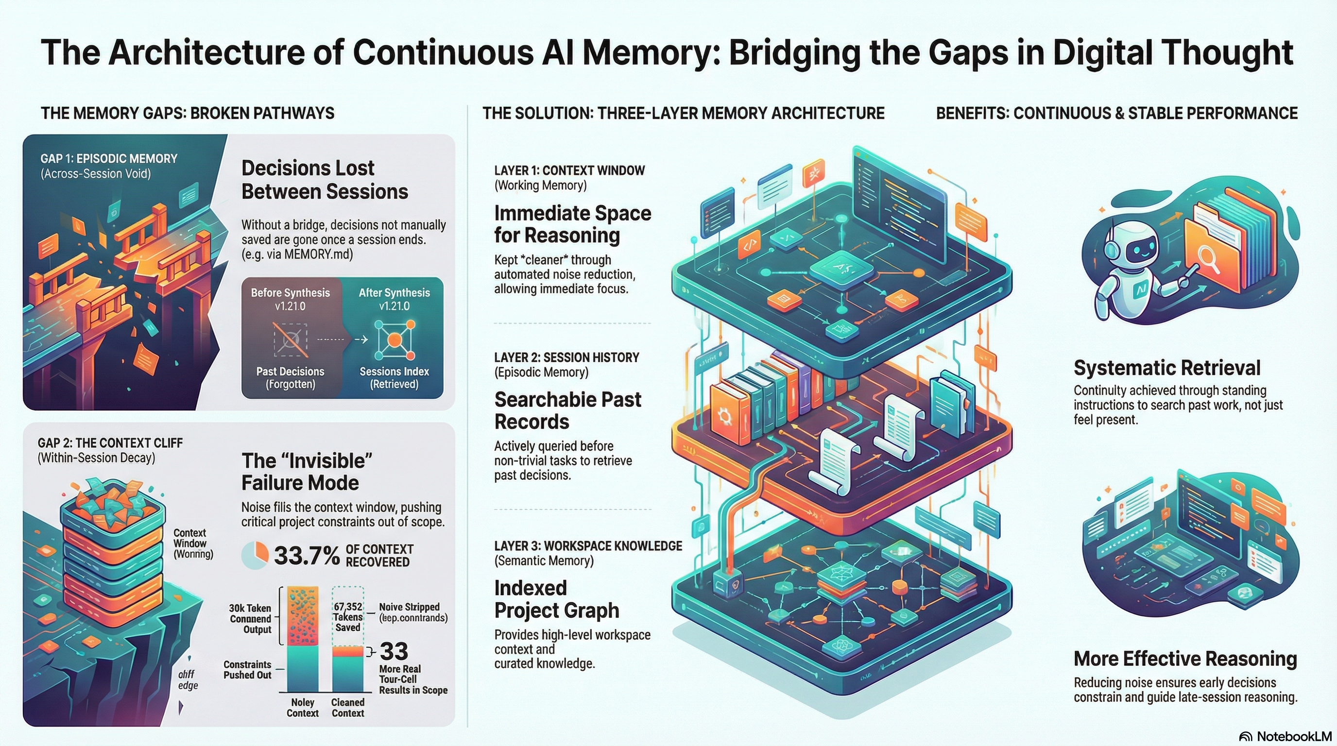 The Architecture of Continuous AI Memory: Bridging the Gaps in Digital Thought — two memory gaps, three-layer solution, benefits
