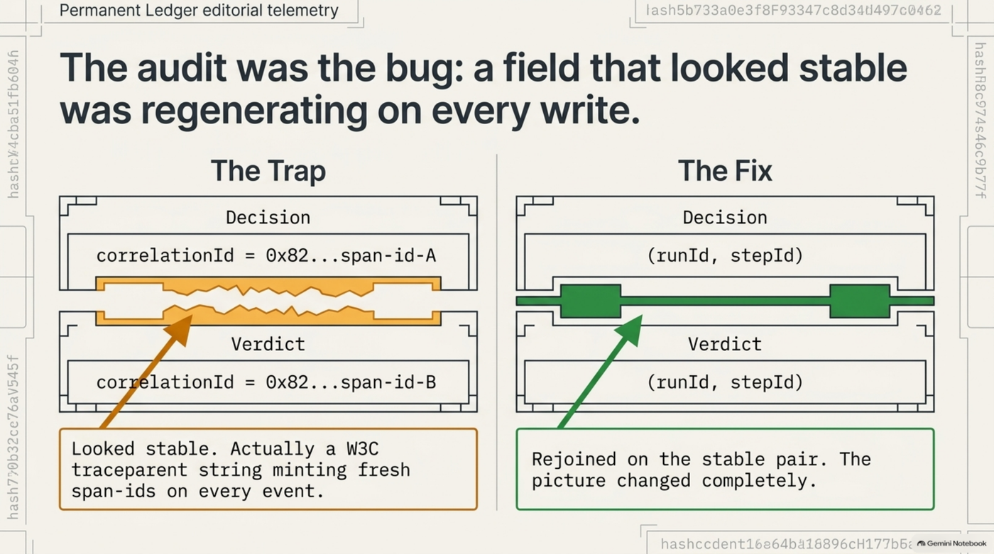 The trap and the fix: correlationId looked stable but was actually a W3C traceparent minting a fresh span-id on every event; rejoining on the stable (runId, stepId) pair changed the picture completely