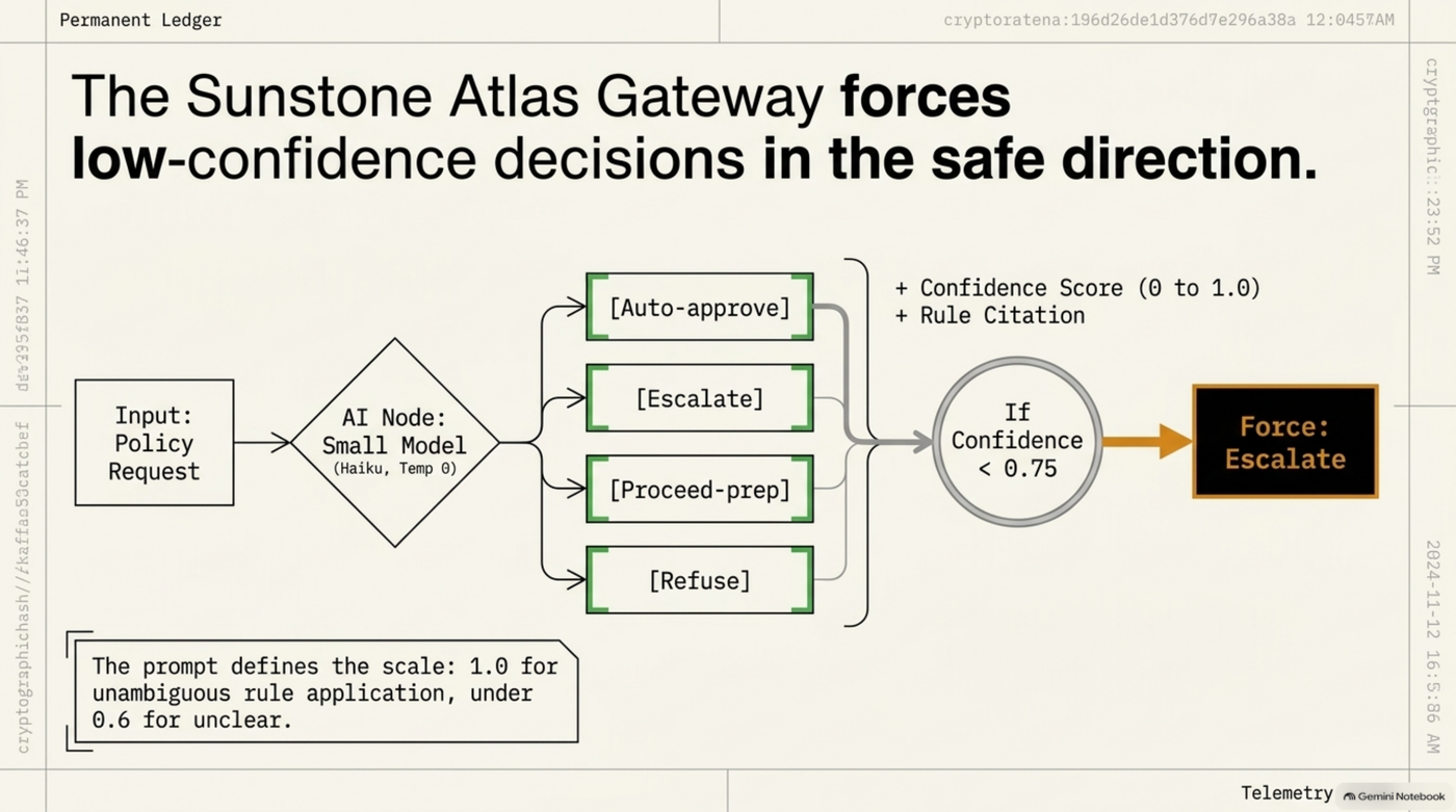 The Sunstone Atlas gateway forces low-confidence decisions in the safe direction: a small model returns a four-way typed choice plus a confidence score, and anything below 0.75 is forced to escalate