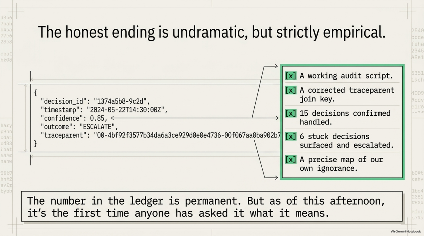 The honest ending is undramatic but strictly empirical: a working audit script, a corrected traceparent join key, 15 decisions confirmed handled, 6 stuck decisions surfaced and escalated, and a precise map of our own ignorance
