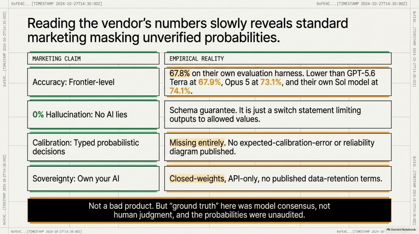 Marketing claim versus empirical reality: 67.8% accuracy, below GPT-5.6 Terra, Opus 5, and TypeSafe's own Sol model; "0% hallucination" is a schema guarantee, not a correctness claim
