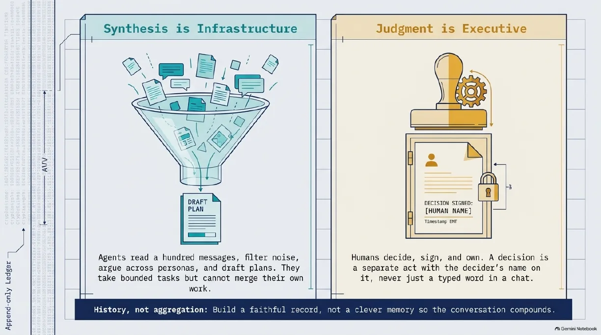Synthesis is infrastructure, judgment is executive