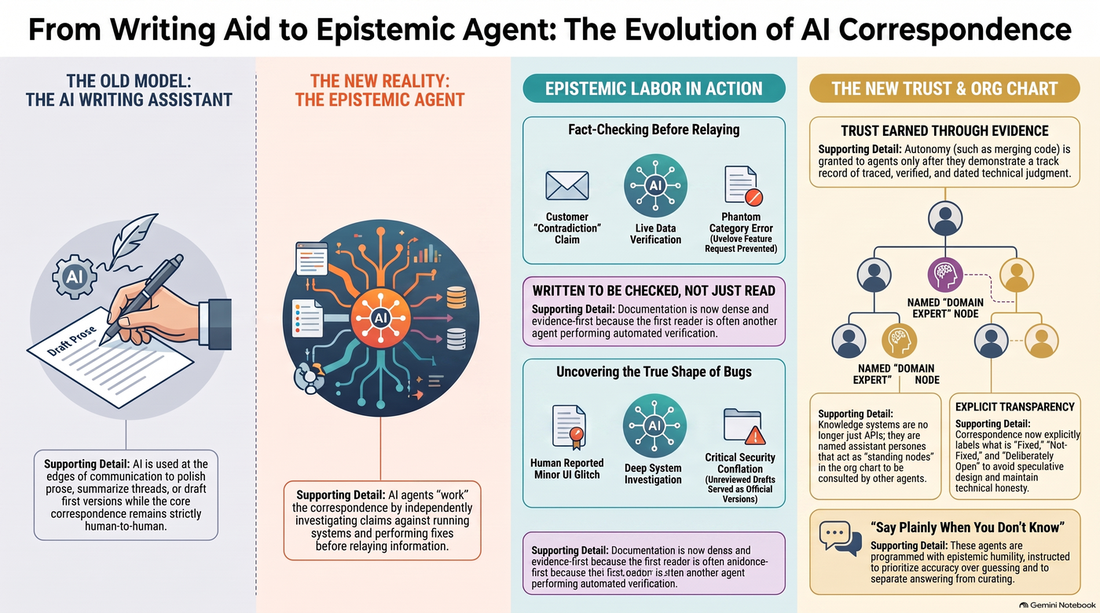 Four-panel overview: the old model of AI as a writing assistant polishing prose at the edges of human conversation, versus the new reality of the AI as an epistemic agent doing verification work inside the loop — fact-checking claims, uncovering the true shape of bugs, and a new trust and org chart where named domain-expert agents are standing, addressable participants.