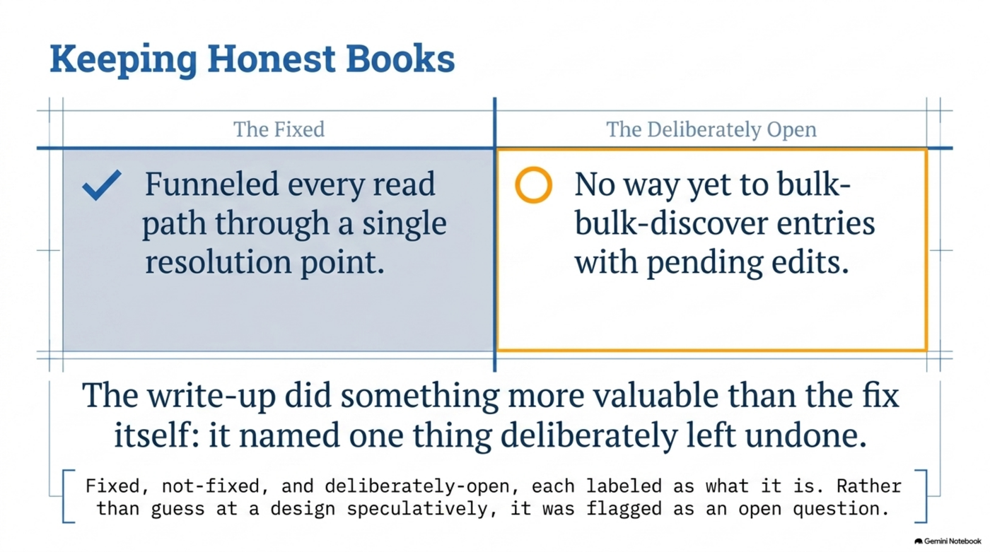 Two-column comparison, "the fixed" versus "the deliberately open": fixed — funneled every read path through a single resolution point; deliberately open — no way yet to bulk-discover entries with pending edits. The write-up did something more valuable than the fix itself — it named one thing deliberately left undone, flagged as an open question rather than guessed at speculatively.