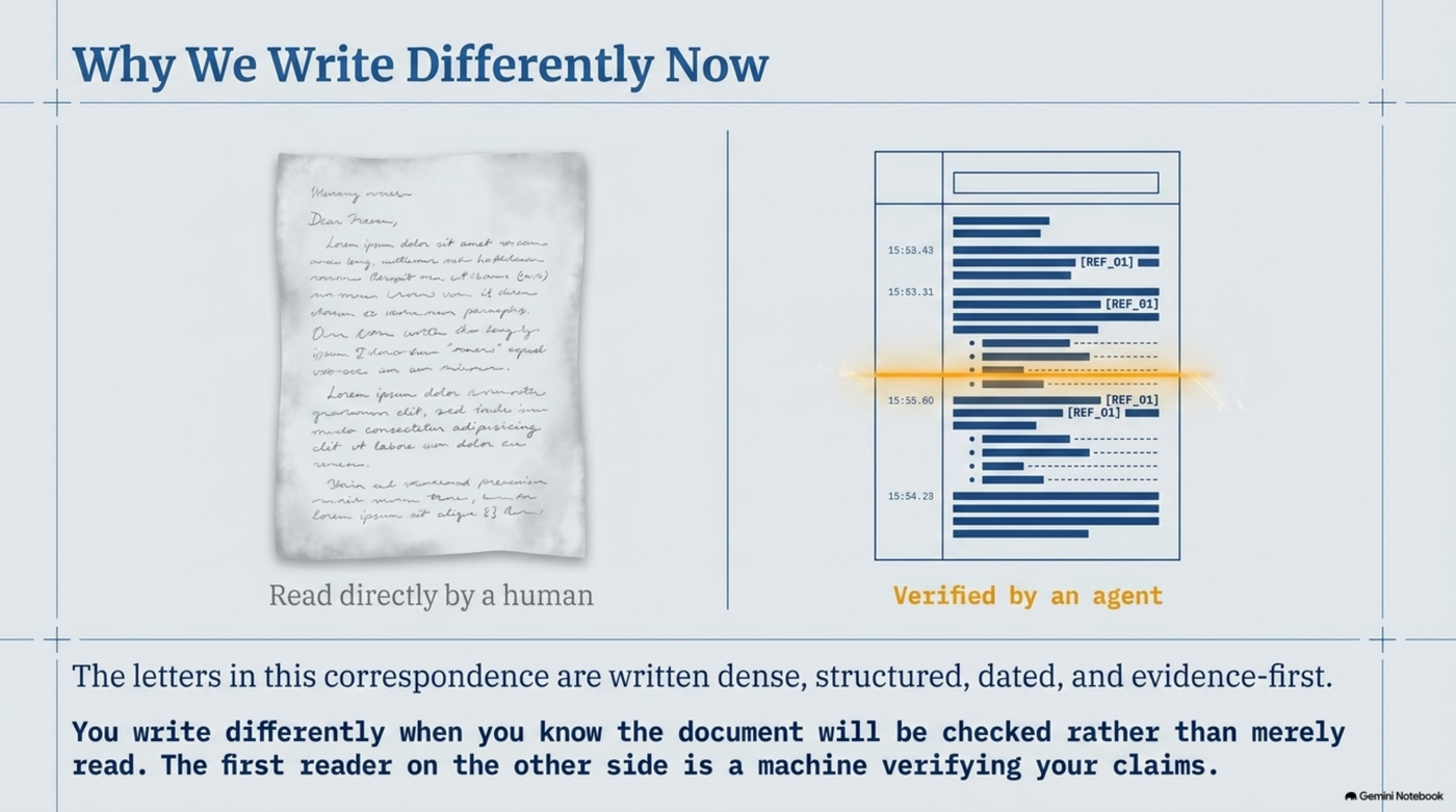 Side-by-side comparison: a handwritten letter, "read directly by a human," beside a dense timestamped log of structured references and citations, "verified by an agent." Caption: the letters in this correspondence are written dense, structured, dated, and evidence-first — you write differently when you know the document will be checked rather than merely read, because the first reader on the other side is a machine verifying your claims.