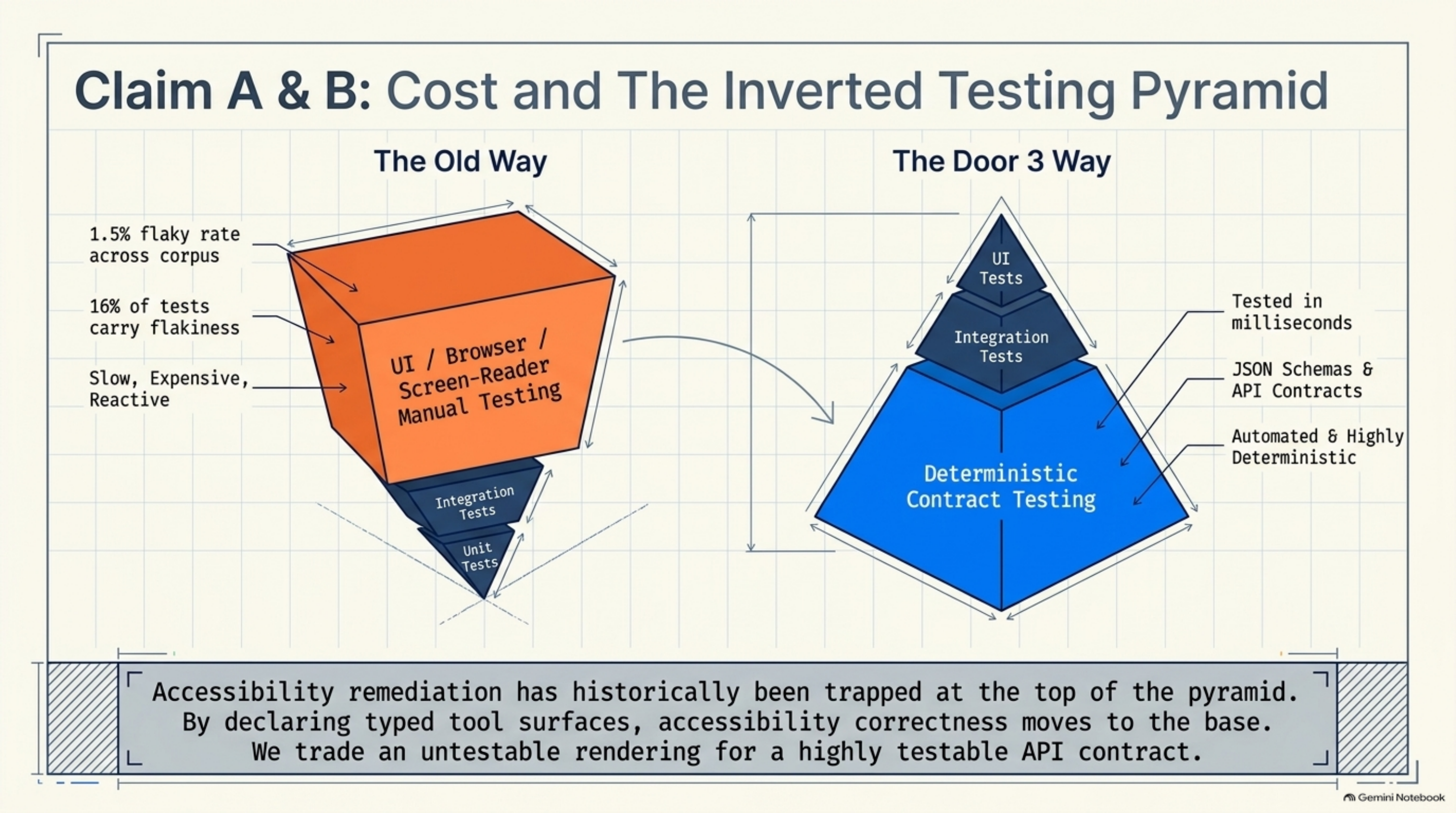Two testing pyramids compared. "The Old Way": an inverted, top-heavy orange shape dominated by slow, flaky UI/browser/screen-reader manual testing, with only a small sliver of integration and unit tests at the bottom — annotated with a 1.5% flaky rate across the corpus and 16% of tests carrying some flakiness. "The Door 3 Way": a normal blue pyramid dominated by deterministic contract testing at its base — tested in milliseconds, using JSON schemas and API contracts, automated and highly deterministic — with only a small UI-tests layer at the top. Caption: accessibility remediation has historically been trapped at the top of the pyramid; by declaring typed tool surfaces, accessibility correctness moves to the base.