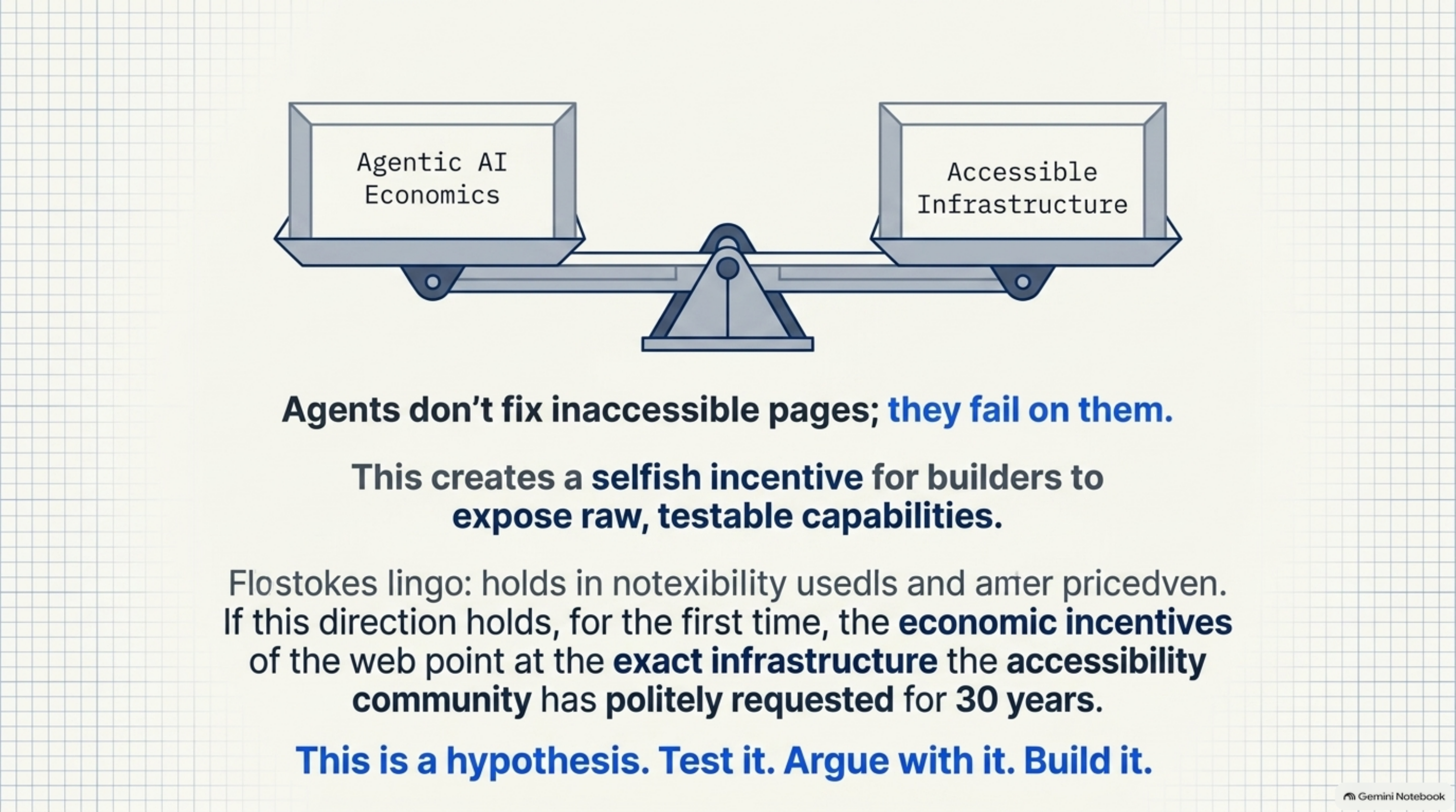 Balance scale weighing "Agentic AI Economics" against "Accessible Infrastructure." Text: agents don't fix inaccessible pages; they fail on them. This creates a selfish incentive for builders to expose raw, testable capabilities. If this direction holds, for the first time, the economic incentives of the web point at the exact infrastructure the accessibility community has politely requested for 30 years. This is a hypothesis. Test it. Argue with it. Build it.