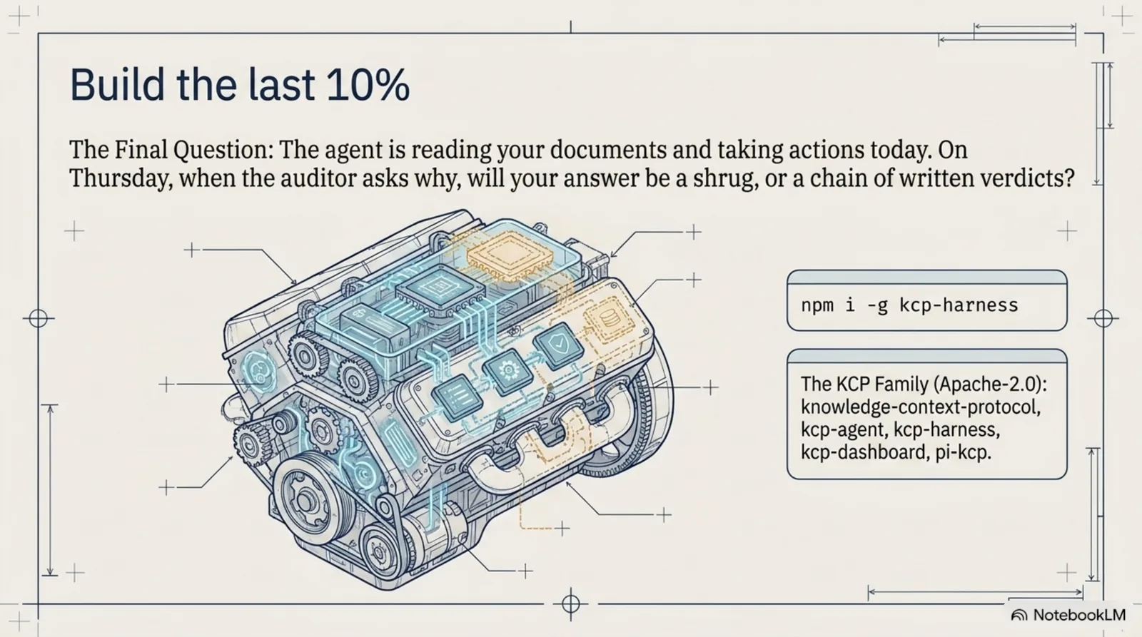 A gold KCP defendable ticket for one action — audit verdict: approved; authorized playbook named; a human owner; a timestamp; chain of evidence: verified; status: executed — the complete self-evidencing record of a single decision. The intern is already hired and taking real actions today; when the auditor walks over, your answer is either a shrug or a chain of written verdicts ending in a named human and an authorized playbook. Capability is abundant; defensibility is scarce.