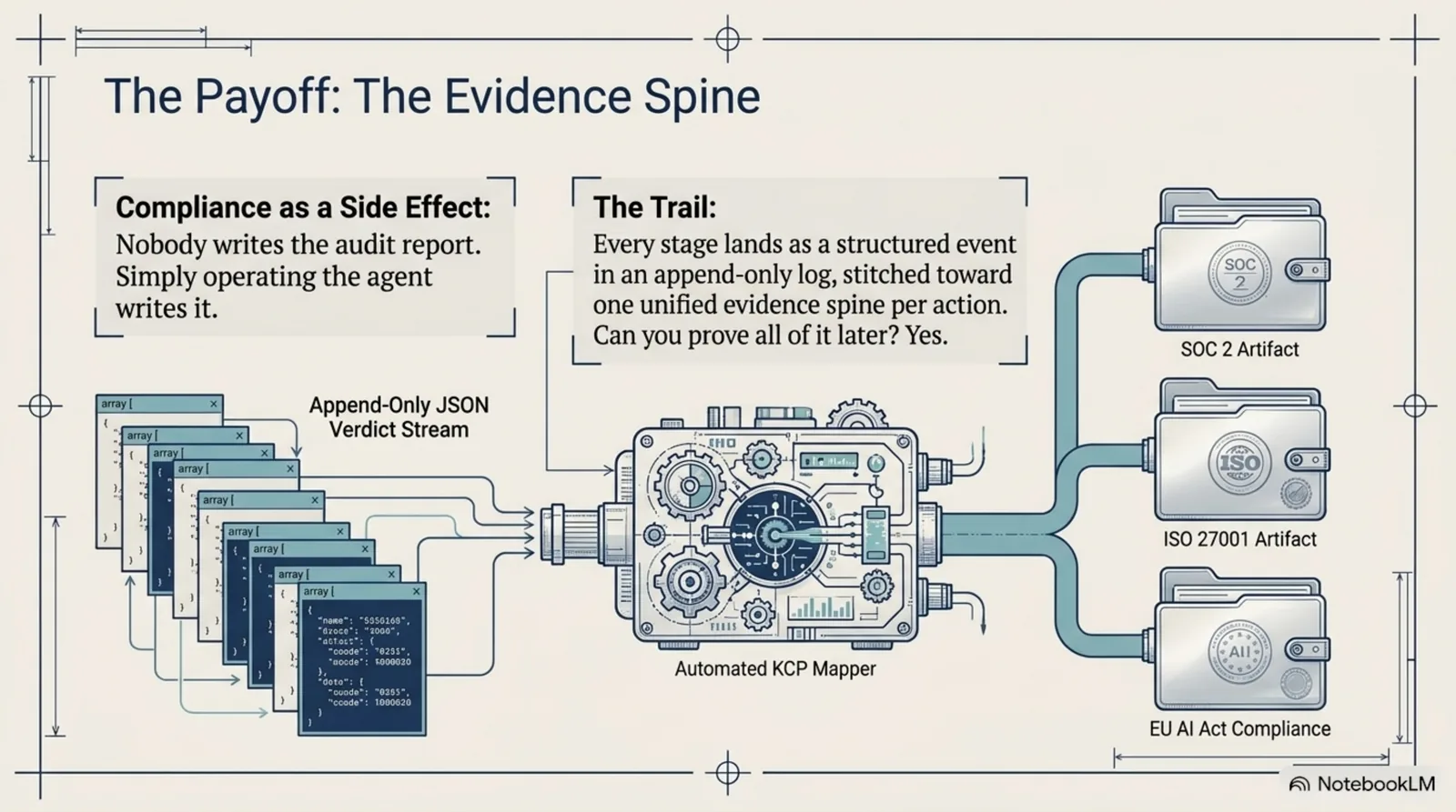 Compliance artifacts emerge as a side-effect of normal operation: the agent's calls pass through the fail-closed kcp-harness proxy wall — a single entry point — into an append-only log; a KCP mapper turns the structured verdict events into SOC 2, ISO 27001, and EU AI Act compliance artifacts. Nobody writes the audit report; operating the agent is writing it.