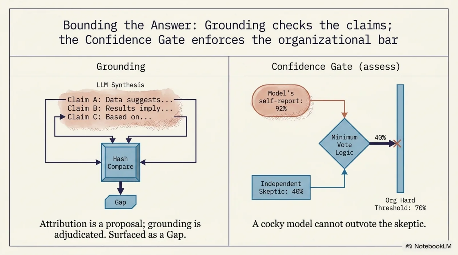 Bounding the answer: on the left, grounding hash-compares each LLM claim against the loaded documents and surfaces any unsupported claim as a gap — attribution is a proposal, grounding is adjudicated. On the right, the confidence gate feeds the model's self-report (92%) and an independent skeptic evaluator (40%) into minimum-vote logic, compares the result against the organization's hard threshold (70%) and fails closed — a cocky model cannot outvote the skeptic.