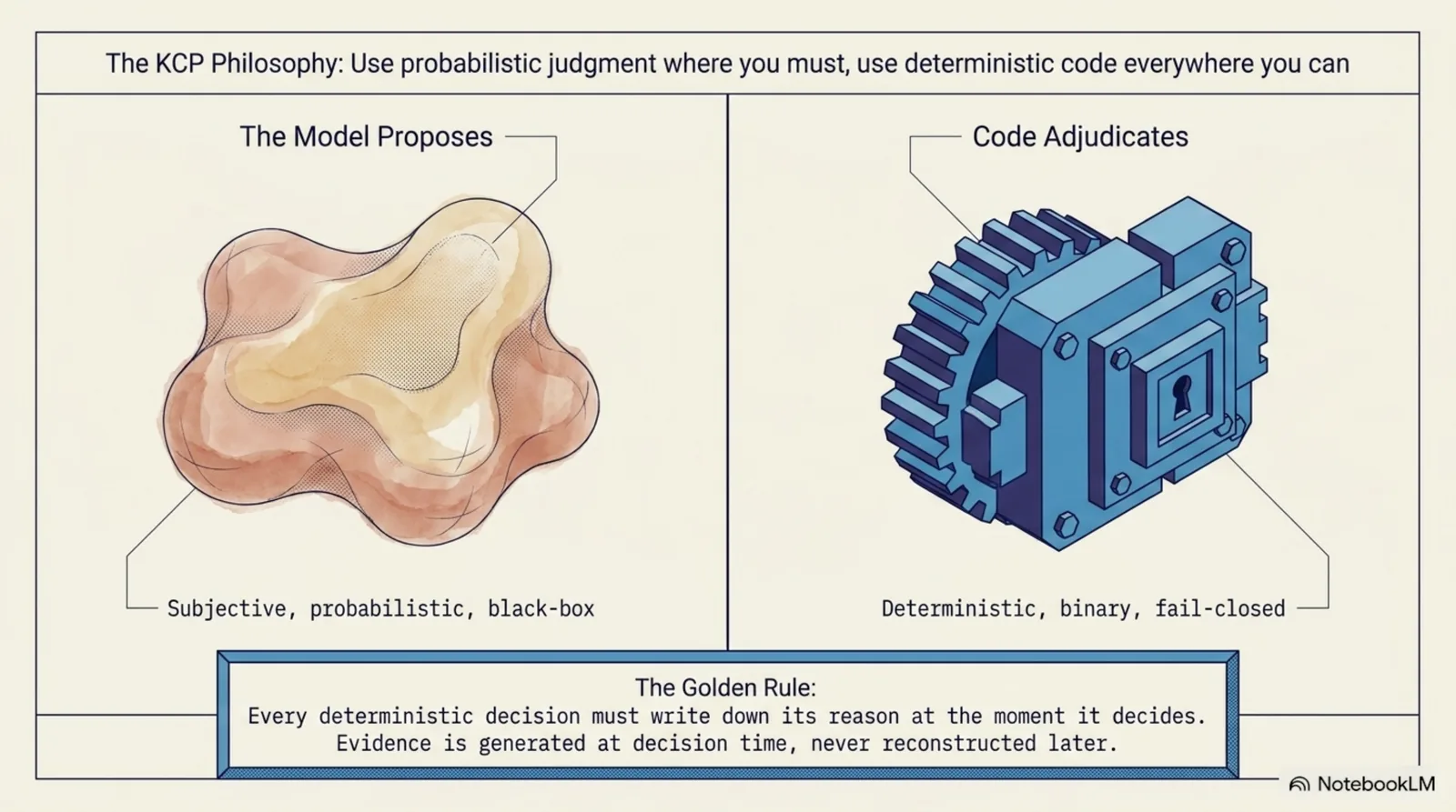 The KCP philosophy: use probabilistic judgment where you must, use deterministic code everywhere you can. On the left the model proposes — subjective, probabilistic, black-box. On the right code adjudicates — deterministic, binary, fail-closed. The golden rule: every deterministic decision must write down its reason at the moment it decides; evidence is generated at decision time, never reconstructed later.