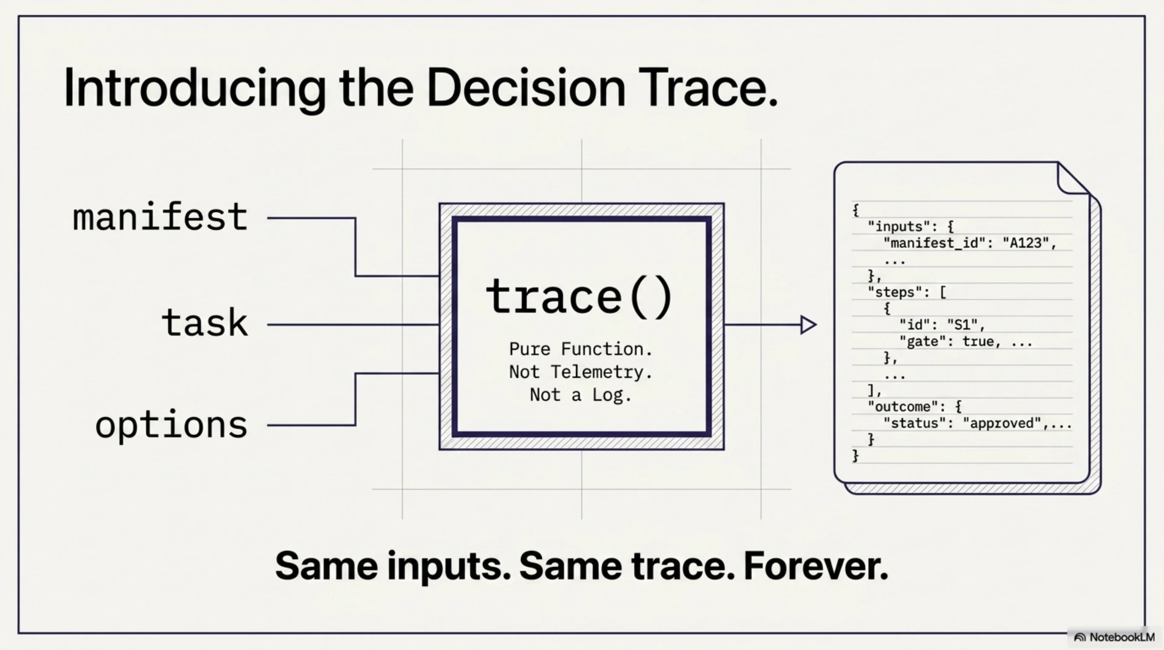 Introducing the Decision Trace: trace() is a pure function, not telemetry, not a log. Manifest, task, and options go in; a structured, inspectable decision artifact comes out. Same inputs. Same trace. Forever.