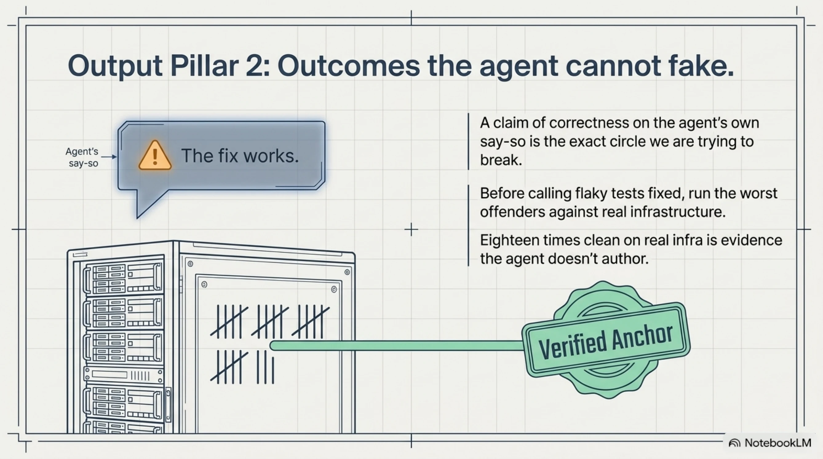 Output pillar 2 — outcomes the agent cannot fake. The agent's say-so ("the fix works") is the exact circle we're trying to break. Before calling flaky tests fixed, run the worst offenders against real infrastructure; eighteen tally marks — eighteen clean runs on real infra — form a verified anchor the agent doesn't author.