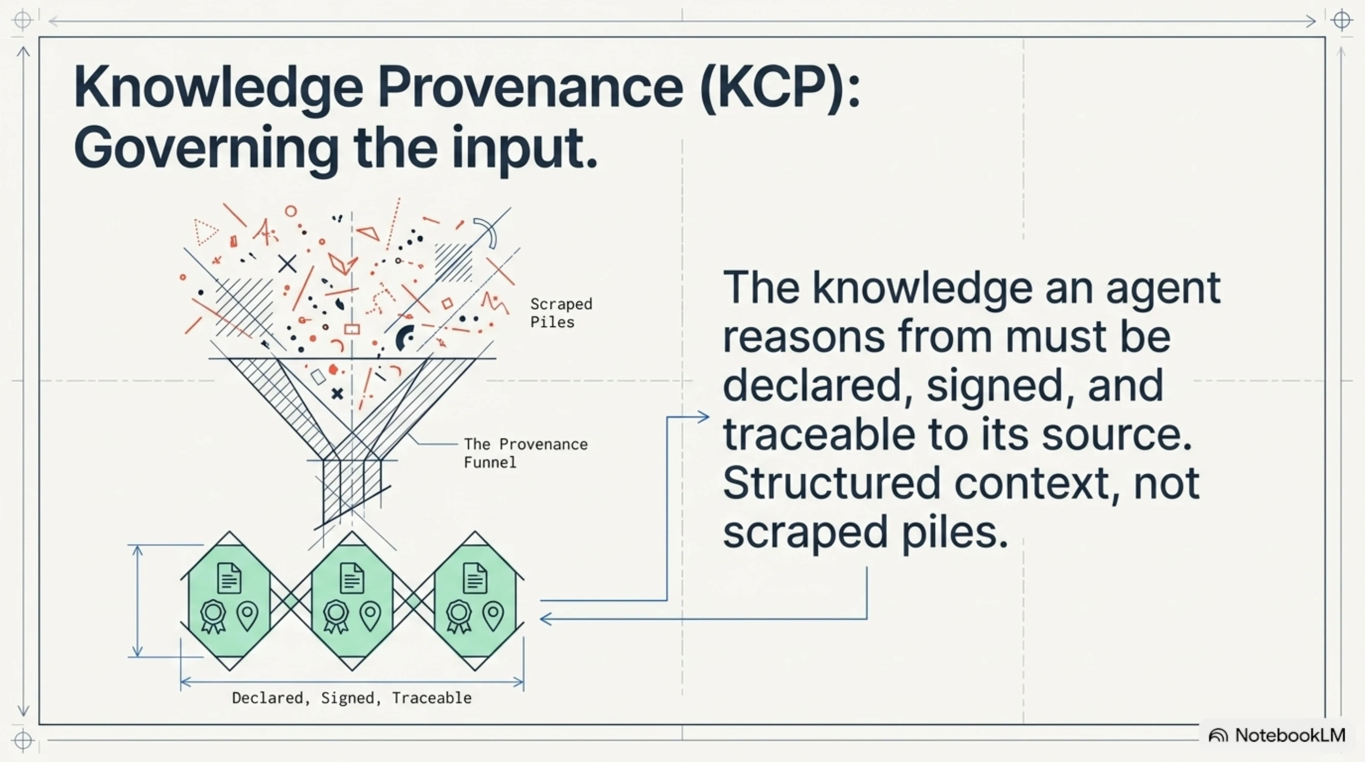 Knowledge provenance (KCP) — governing the input. Scraped piles of unverified context are funnelled down into declared, signed, traceable units. The knowledge an agent reasons from must be structured context, not a scraped pile.