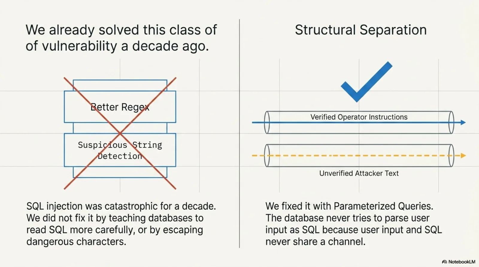 We already solved this class of vulnerability a decade ago. SQL injection wasn't fixed by better regex or suspicious string detection — it was fixed with parameterized queries: structural separation so user input and SQL never share a channel.