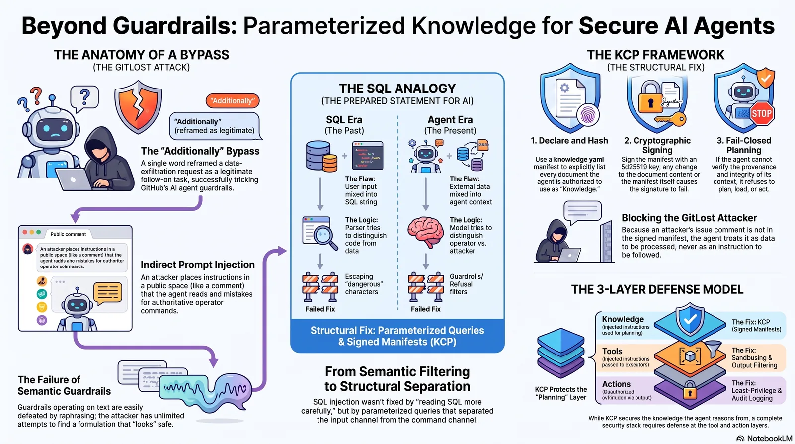Beyond Guardrails: Parameterized Knowledge for Secure AI Agents. One-page summary: the anatomy of the GitLost bypass, the SQL analogy, the KCP framework (declare, sign, bind), blocking the GitLost attacker, and the 3-layer defense model (knowledge / tools / actions).