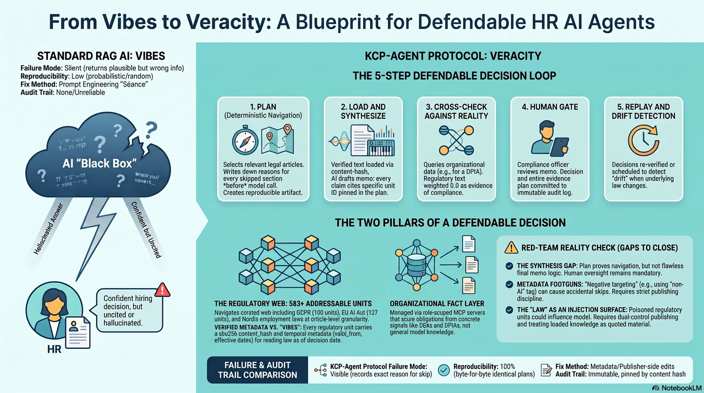 Infographic: blueprint for defendable HR AI — a customer's HR agent borrows two things at once: deterministic navigation over Mynder's signed regulatory knowledge web via kcp-agent's MCP bridge, and organizational facts from JWT-scoped MCP servers, producing decisions that carry their own evidence chain