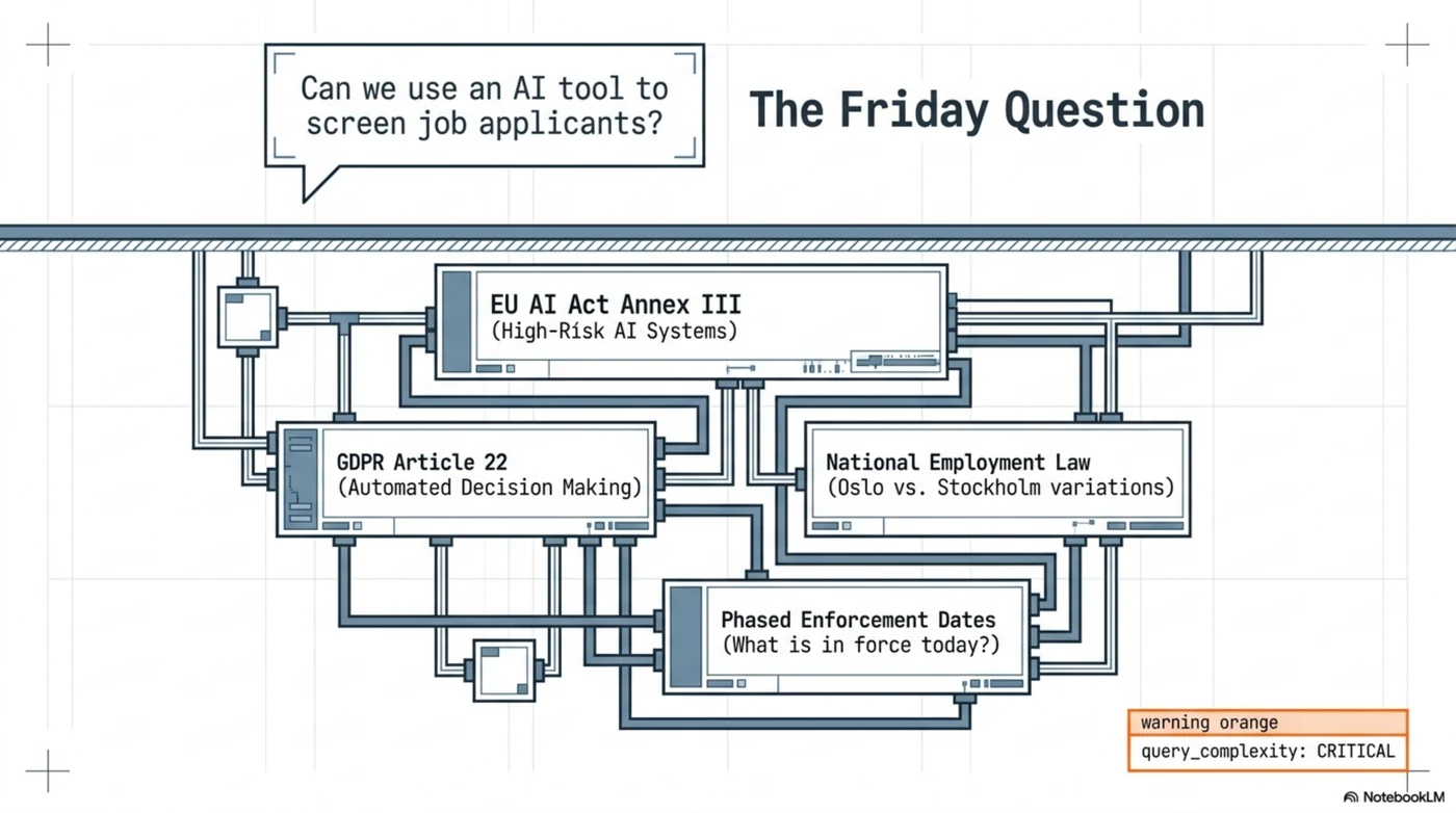The Friday question: one innocent-looking prompt — can we use an AI tool to screen job applicants? — fans out into a blueprint of interlocked regulatory circuits: EU AI Act Annex III high-risk classification, GDPR Article 22 automated decision-making, national employment law with Oslo-versus-Stockholm variations, and phased enforcement dates asking what is in force today