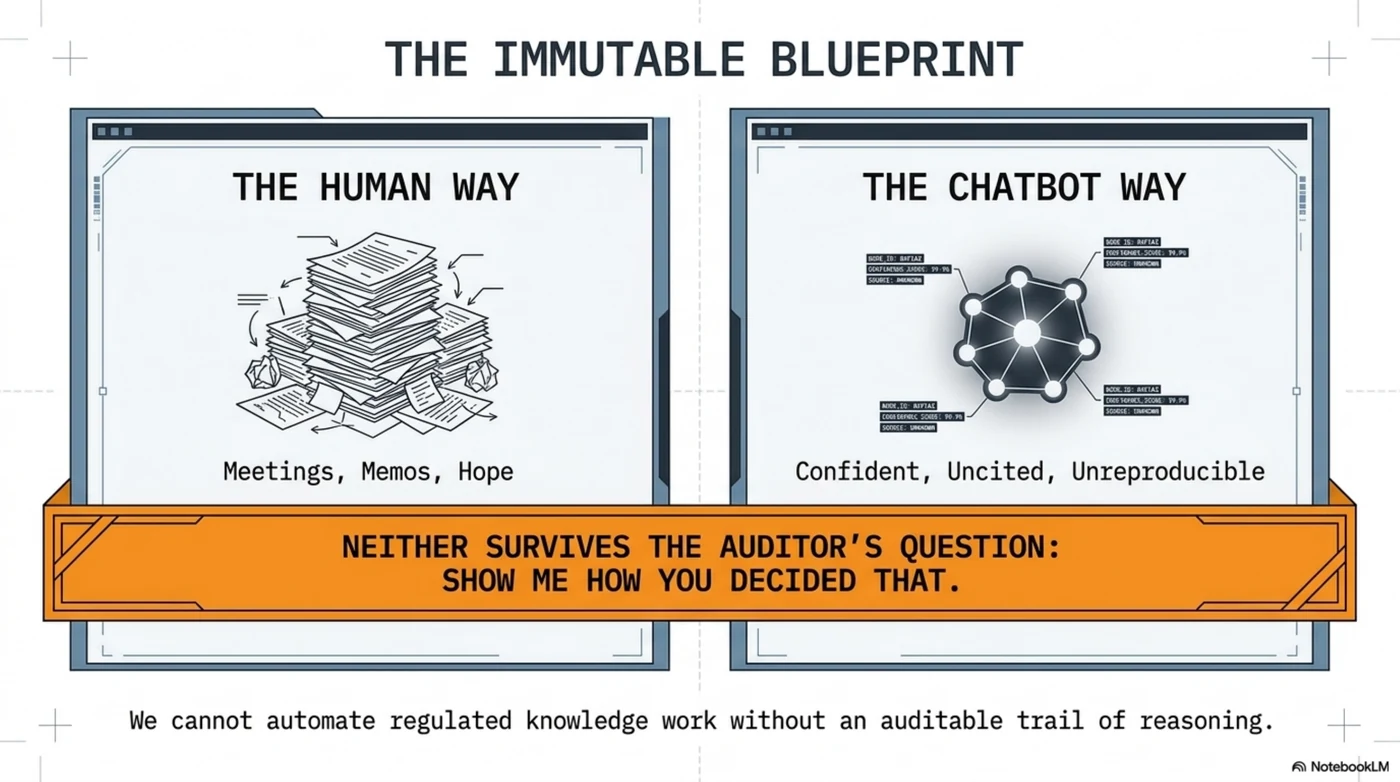 The immutable blueprint: side by side, the human way — a pile of meetings, memos and hope — and the chatbot way — confident, uncited, unreproducible synthesis; a warning banner declares that neither survives the auditor's question: show me how you decided that