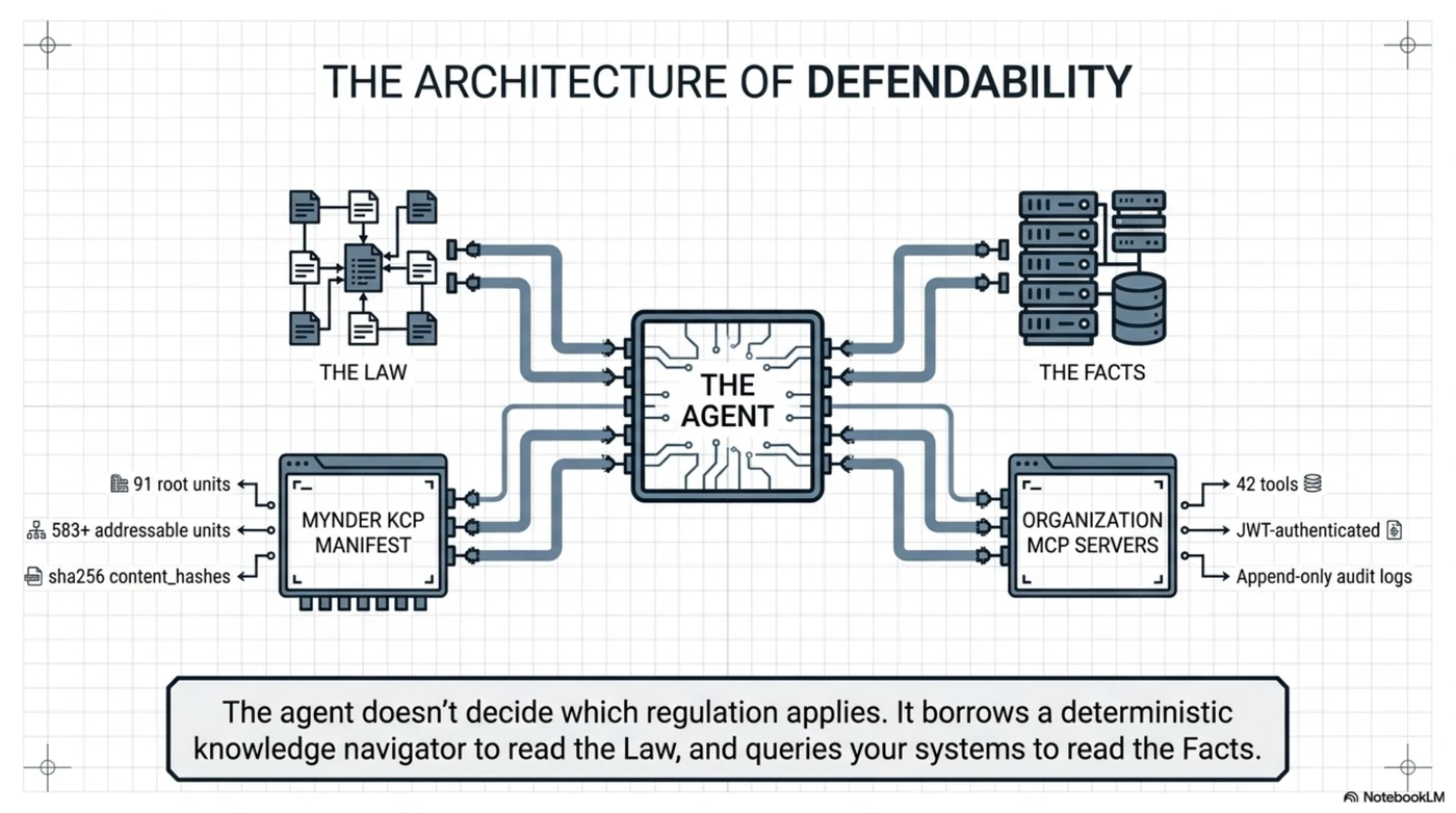 The architecture of defendability: the agent chip sits between the Law — Mynder's KCP manifest with 91 root units, 583+ addressable units and sha256 content hashes — and the Facts — the organization's MCP servers with 42 JWT-authenticated tools and append-only audit logs; the agent doesn't decide which regulation applies, it borrows a deterministic knowledge navigator to read the law and queries your systems to read the facts