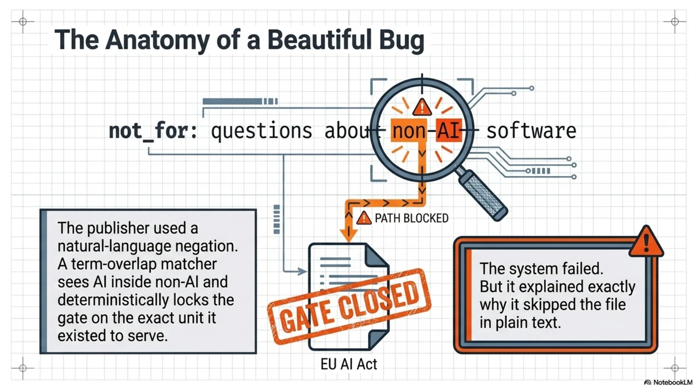 The anatomy of a beautiful bug: a magnifying glass over the not_for clause "questions about non-AI software" shows the term-overlap matcher finding "AI" inside "non-AI" — the publisher's natural-language negation deterministically locks the gate on the EU AI Act, the exact unit it existed to serve; the system failed, but it explained exactly why it skipped the file in plain text