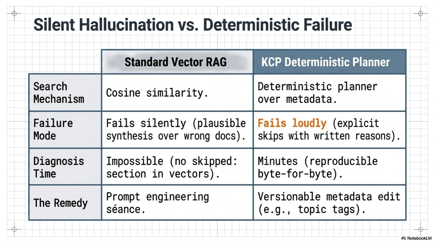 Silent hallucination versus deterministic failure, in one table: standard vector RAG searches by cosine similarity, fails silently with plausible synthesis over wrong documents, is impossible to diagnose because vectors have no skipped section, and gets remedied by a prompt-engineering séance; the KCP deterministic planner plans over metadata, fails loudly with explicit skips and written reasons, is diagnosed in minutes byte-for-byte, and gets fixed with a versionable metadata edit