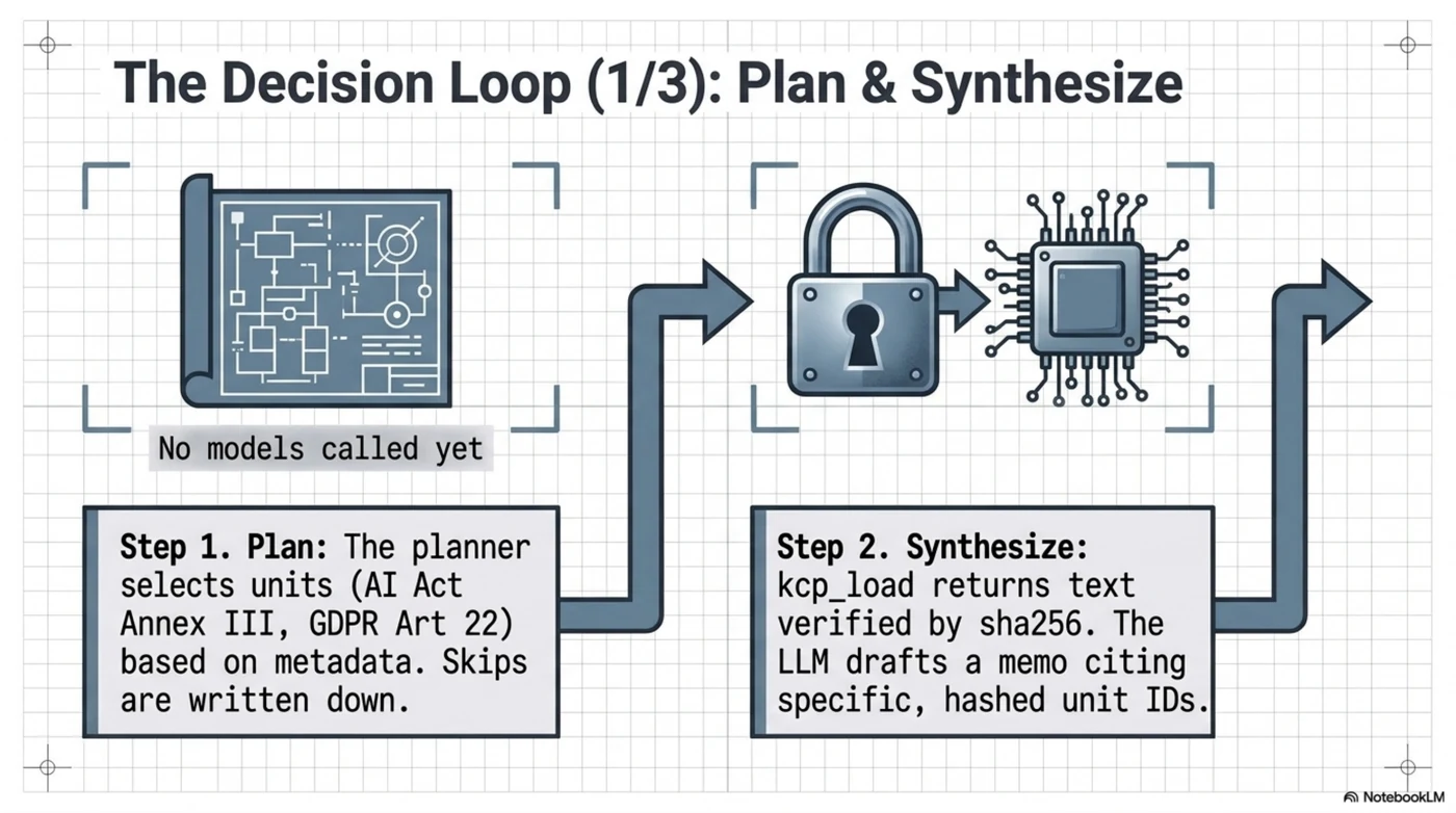 The decision loop, part one — plan and synthesize: step one, the planner selects units like AI Act Annex III and GDPR Article 22 based on metadata alone, skips written down, no models called yet; step two, kcp_load returns sha256-verified text and the LLM drafts a memo citing specific, hashed unit IDs