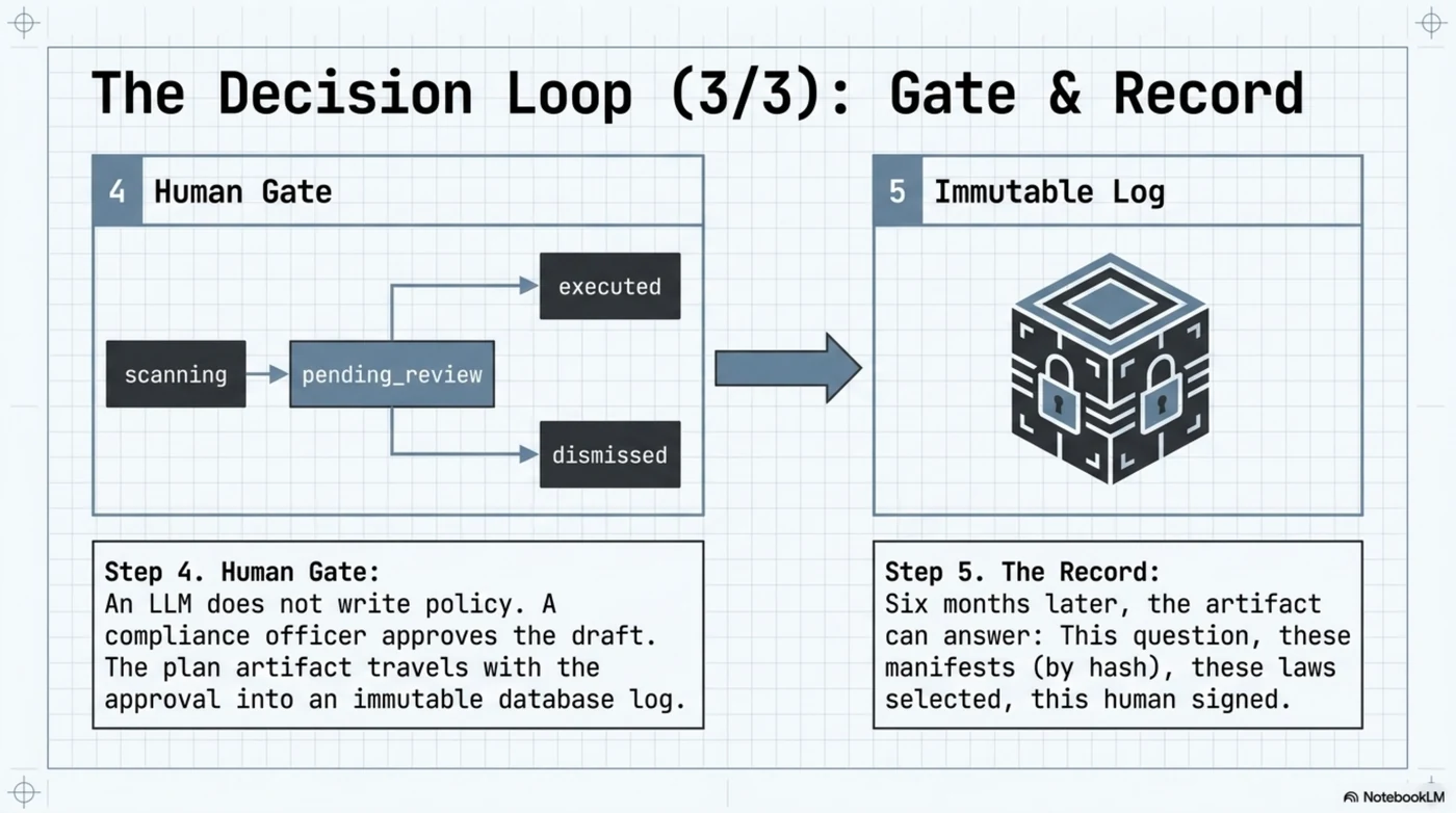 The decision loop, part three — gate and record: the human gate state machine runs scanning to pending_review to executed or dismissed, because an LLM does not write policy and a compliance officer approves the draft; the record is an immutable log cube, so six months later the artifact can answer: this question, these manifests by hash, these laws selected, this human signed