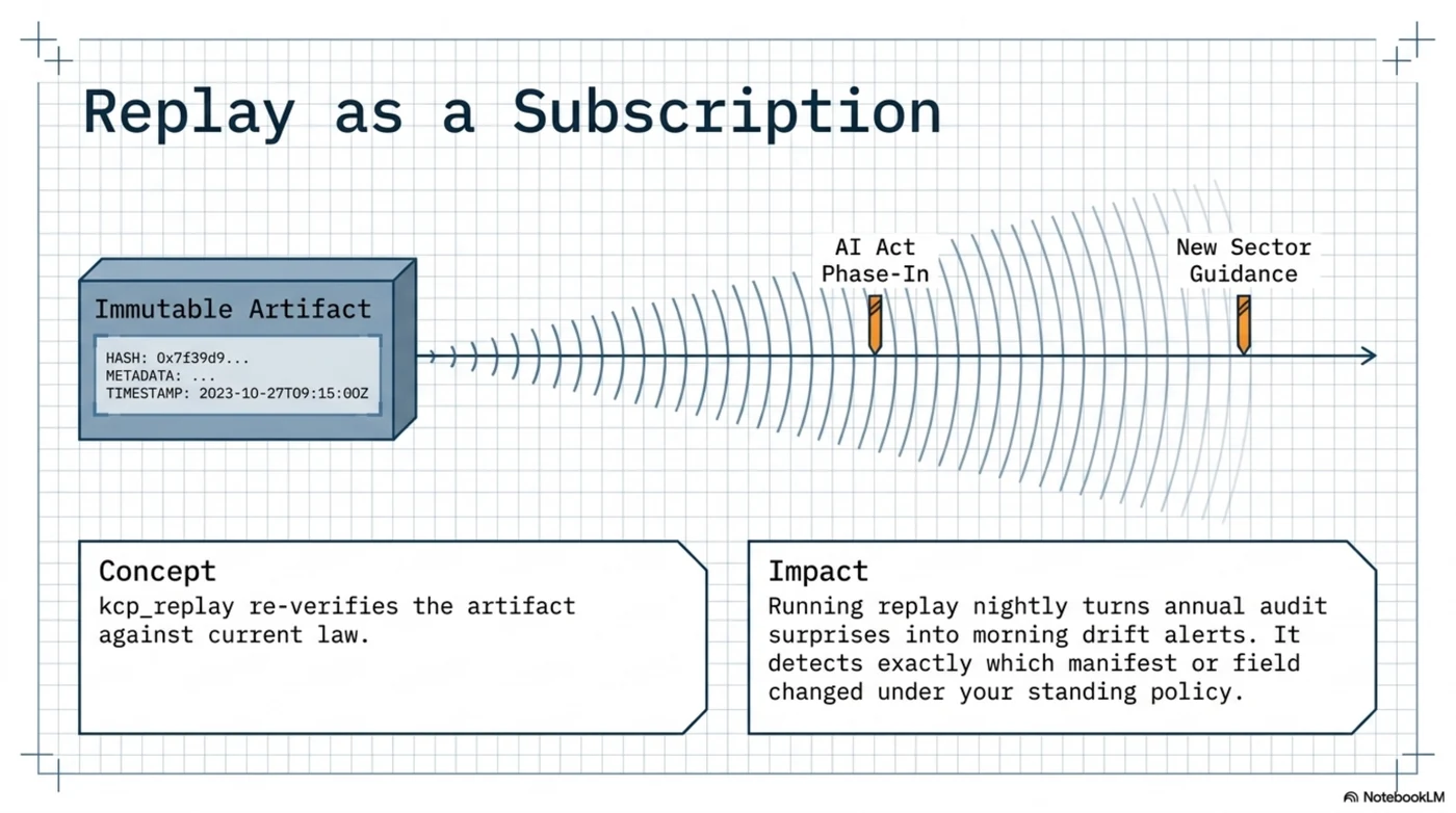 Replay as a subscription: an immutable artifact with its hash and timestamp emits sonar pulses along a timeline where the AI Act phase-in and new sector guidance appear as markers — kcp_replay re-verifies the artifact against current law, turning annual audit surprises into morning drift alerts that name exactly which manifest or field changed under your standing policy