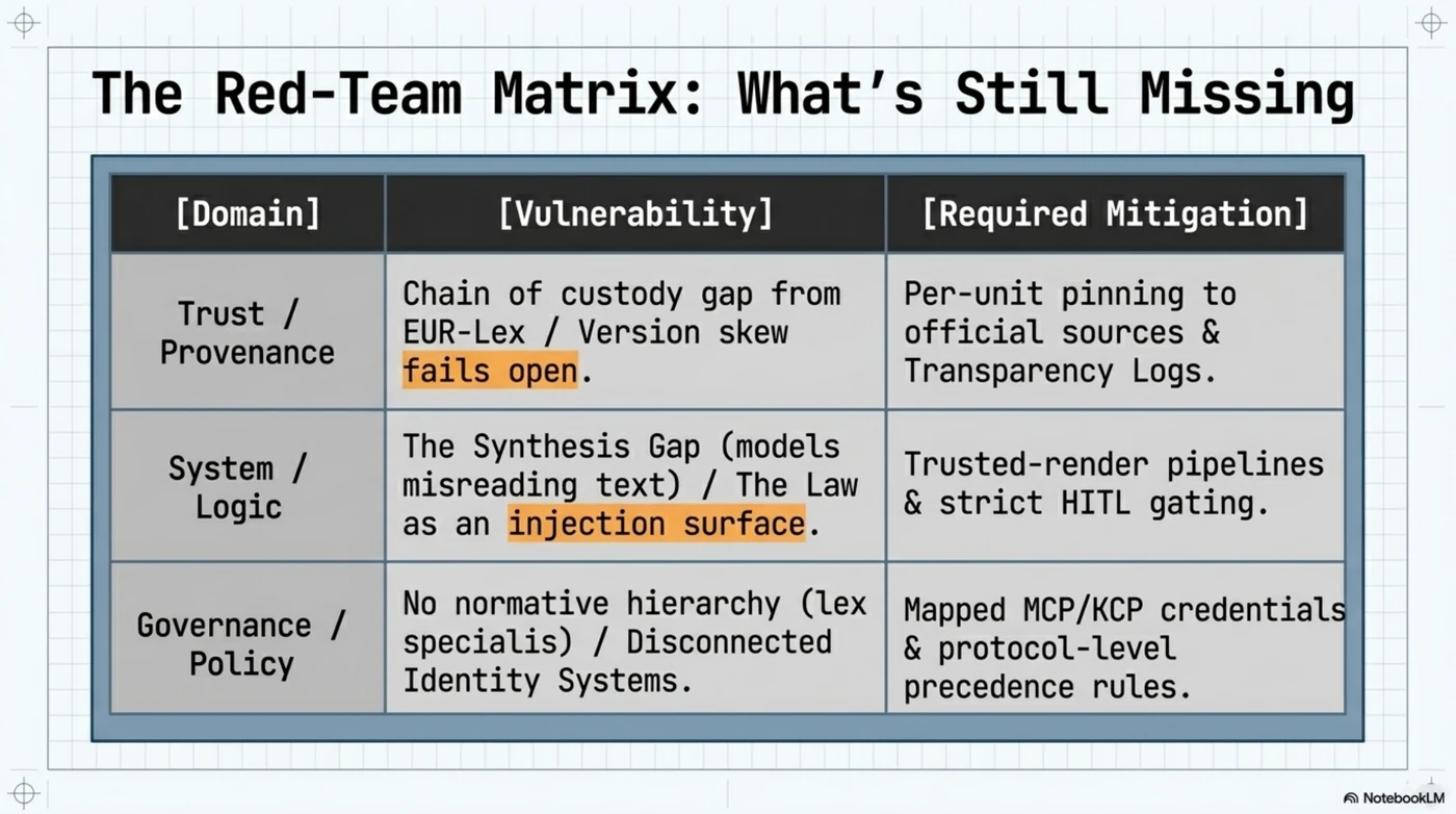 The red-team matrix of what's still missing, by domain: trust and provenance — the chain-of-custody gap to EUR-Lex and version skew that fails open, mitigated by per-unit pinning to official sources and transparency logs; system and logic — the synthesis gap where models misread text, and the law itself as an injection surface, mitigated by trusted-render pipelines and strict HITL gating; governance and policy — no normative hierarchy for lex specialis and disconnected identity systems, mitigated by mapped MCP/KCP credentials and protocol-level precedence rules