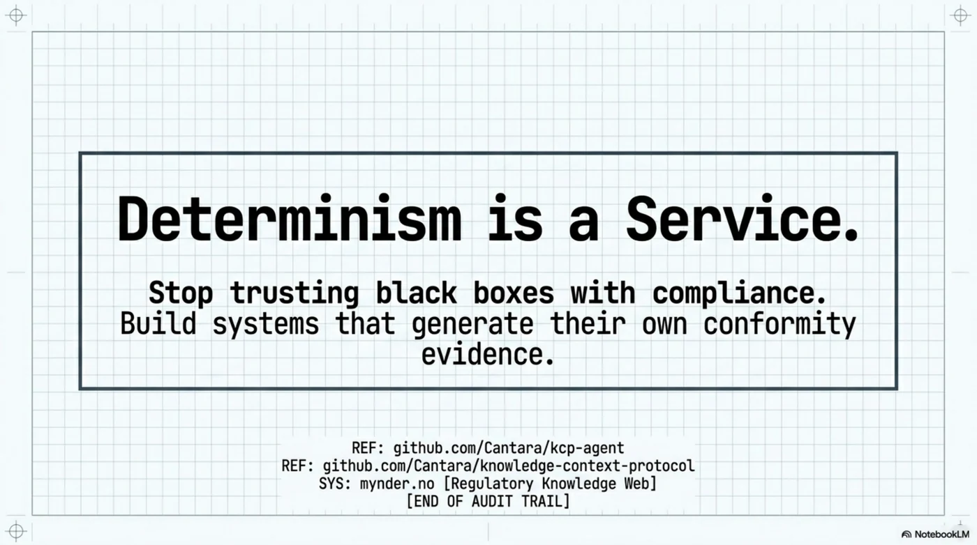 Closing slide: determinism is a service — stop trusting black boxes with compliance; build systems that generate their own conformity evidence