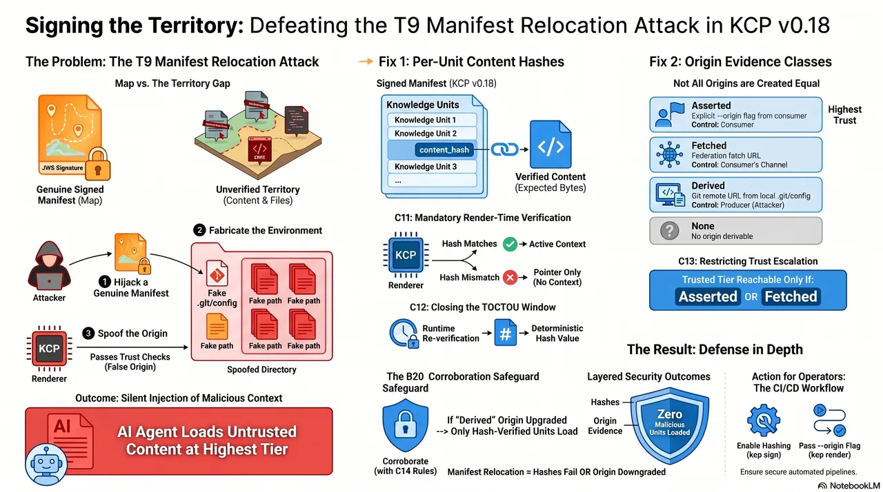 Signing the Territory: the full picture — Fix 1 (per-unit content hashes, C11/C12), Fix 2 (origin evidence classes, C13), the B20 corroboration safeguard (C14), and layered security outcomes. Defense in depth: either mechanism alone degrades the attack; together they close it.