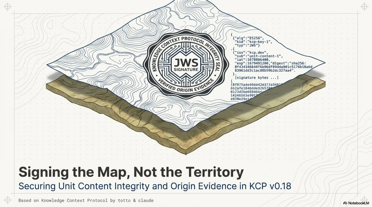 KCP v0.18 — Signing the Map, Not the Territory: a JWS signature covers the manifest YAML, but not the files the units point to. v0.18 adds per-unit content hashes and origin evidence classes to close the gap.